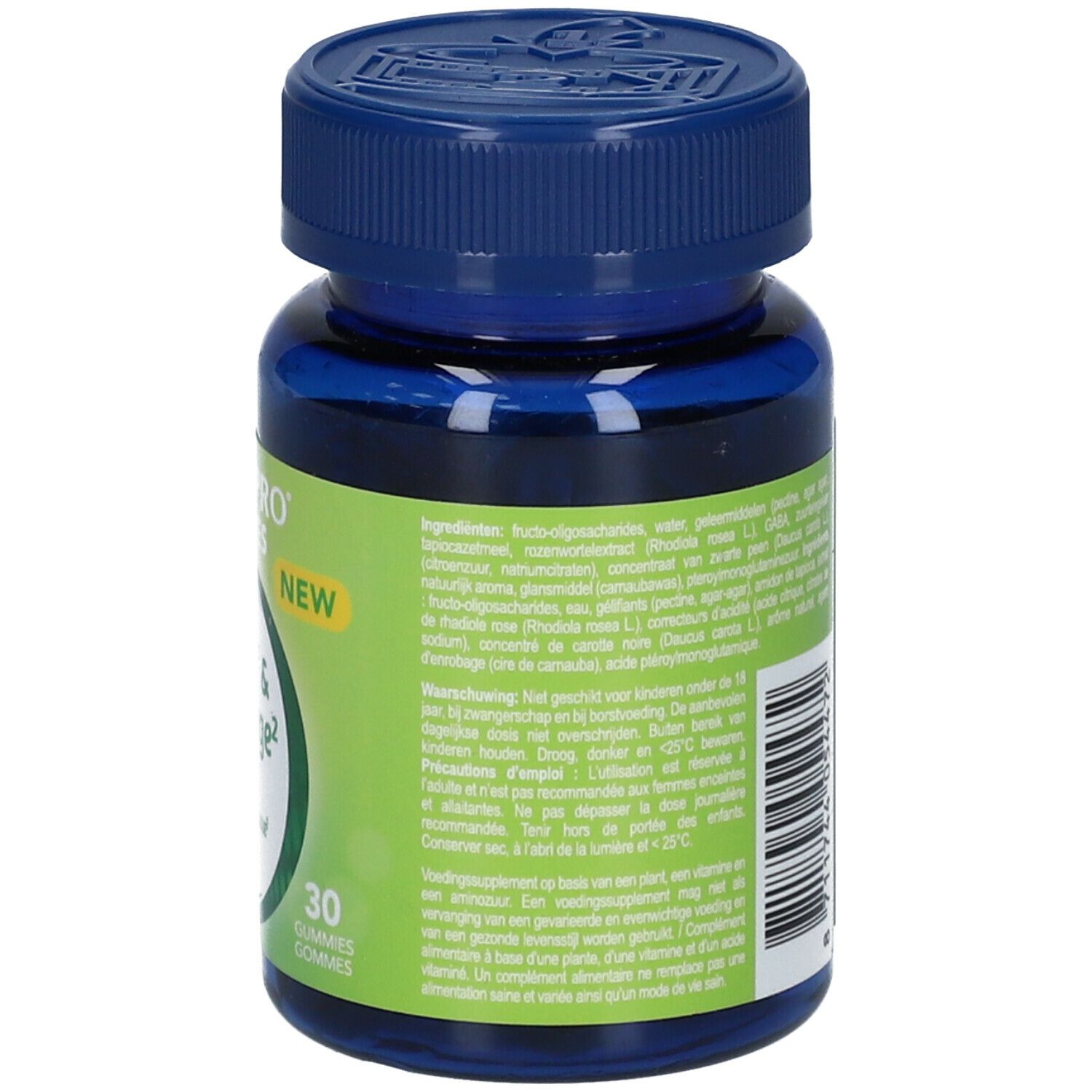Blauwe fles met groen etiket. Tekst en informatie. 30 gummies.