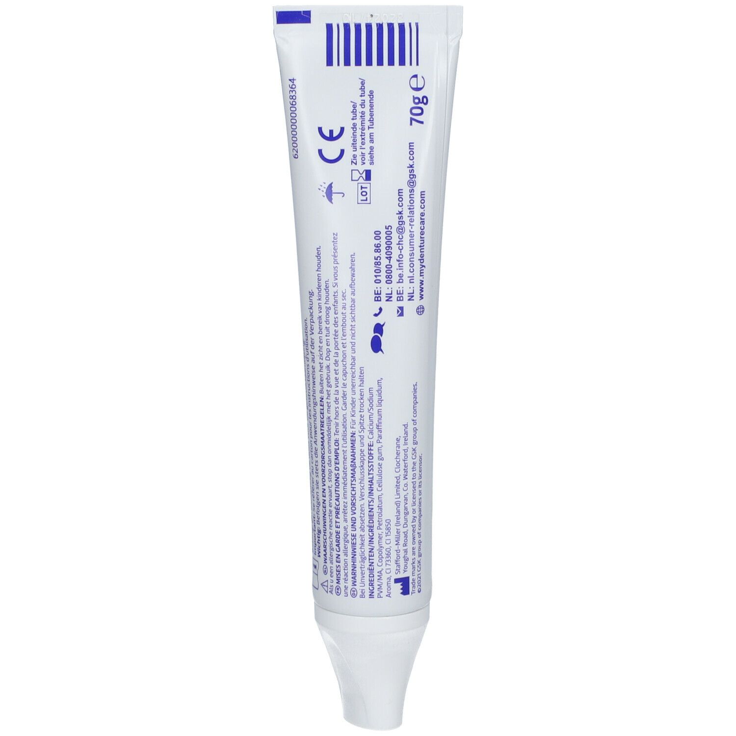 Dos du tube. Contient des informations, le marquage CE, le numéro de lot, les coordonnées et les ingrédients. 70g.