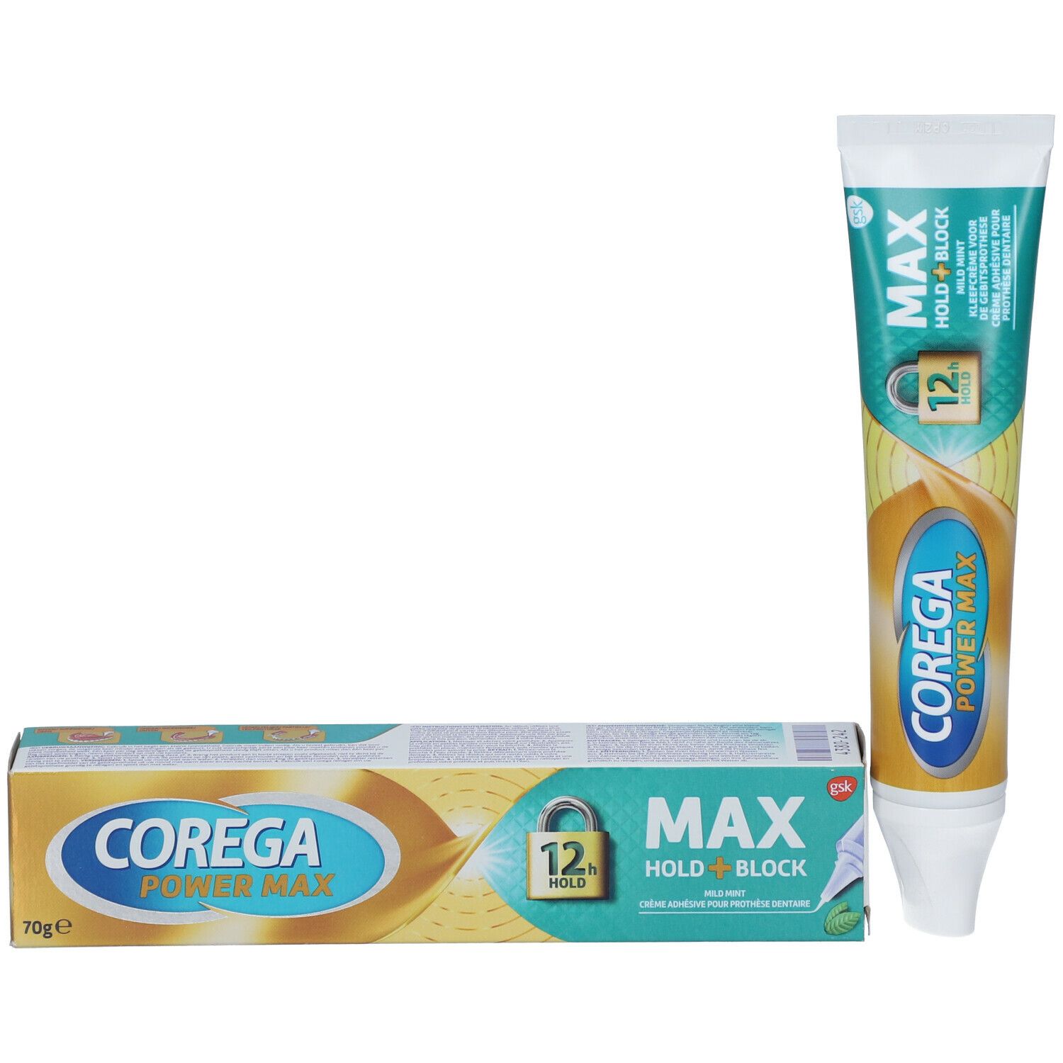 Tube et boîte de crème adhésive COREGA POWER MAX. MAX HOLD + BLOCK, 12h de maintien. 70g. Design blanc-jaune-turquoise.