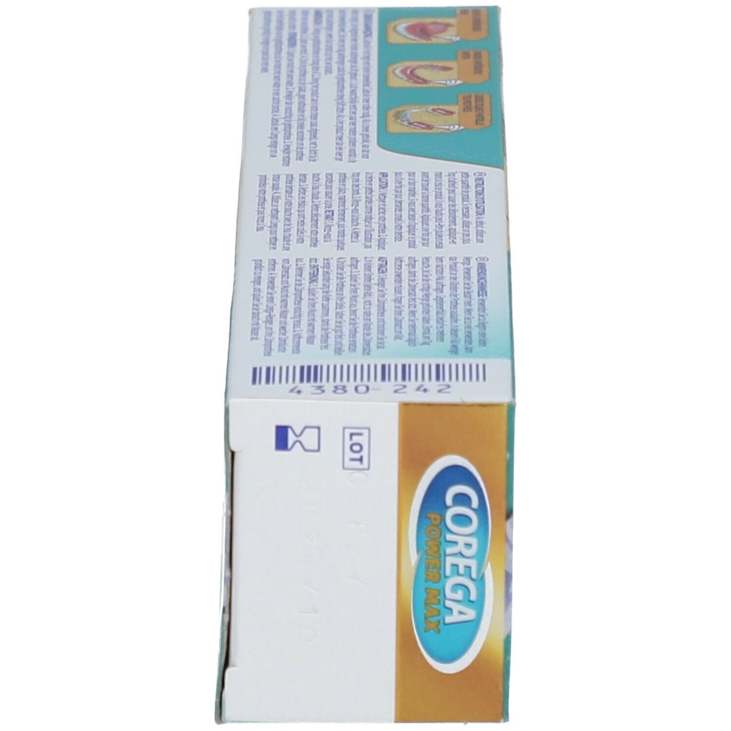 Boîte COREGA POWER MAX. Informations sur le produit, design. Côté de la boîte.