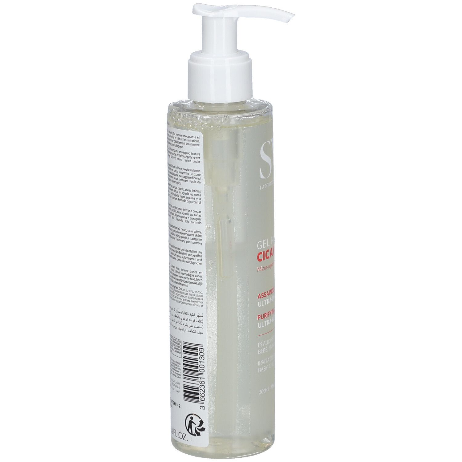 Rückseite einer transparenten Flasche mit weißem Pumpverschluss. Text und Barcode. Aufkleber mit Informationen.