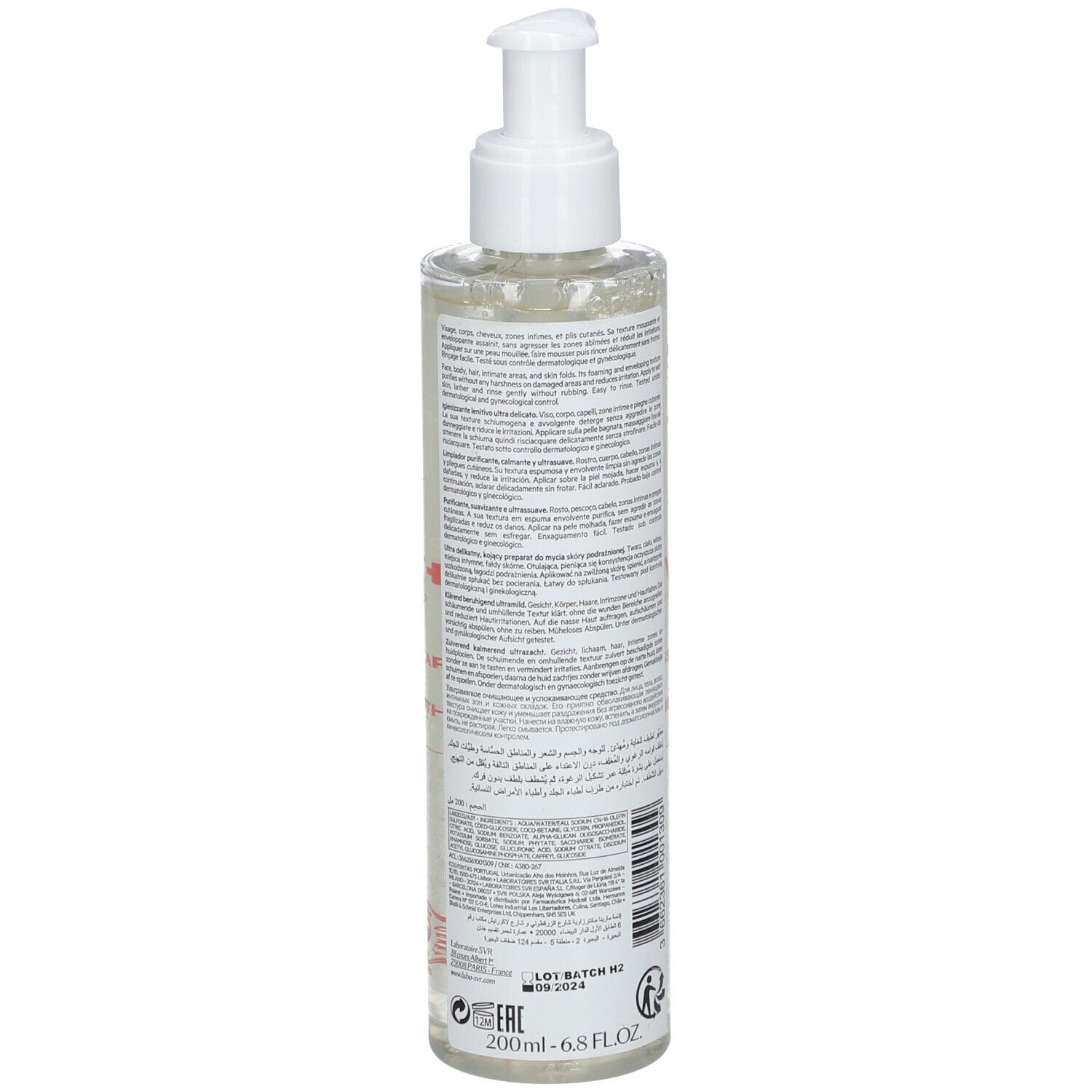 Rückseite einer transparenten Flasche mit weißem Pumpverschluss. Text und Barcode. Aufkleber mit Informationen.