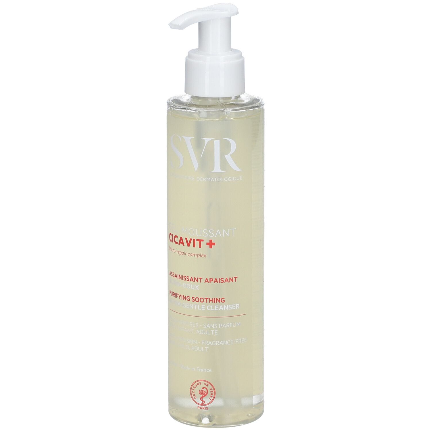 Transparente Flasche mit weißem Pumpverschluss. Aufschrift: SVR, CICA-VIT+, reinigendes Gel. Runder Aufkleber.