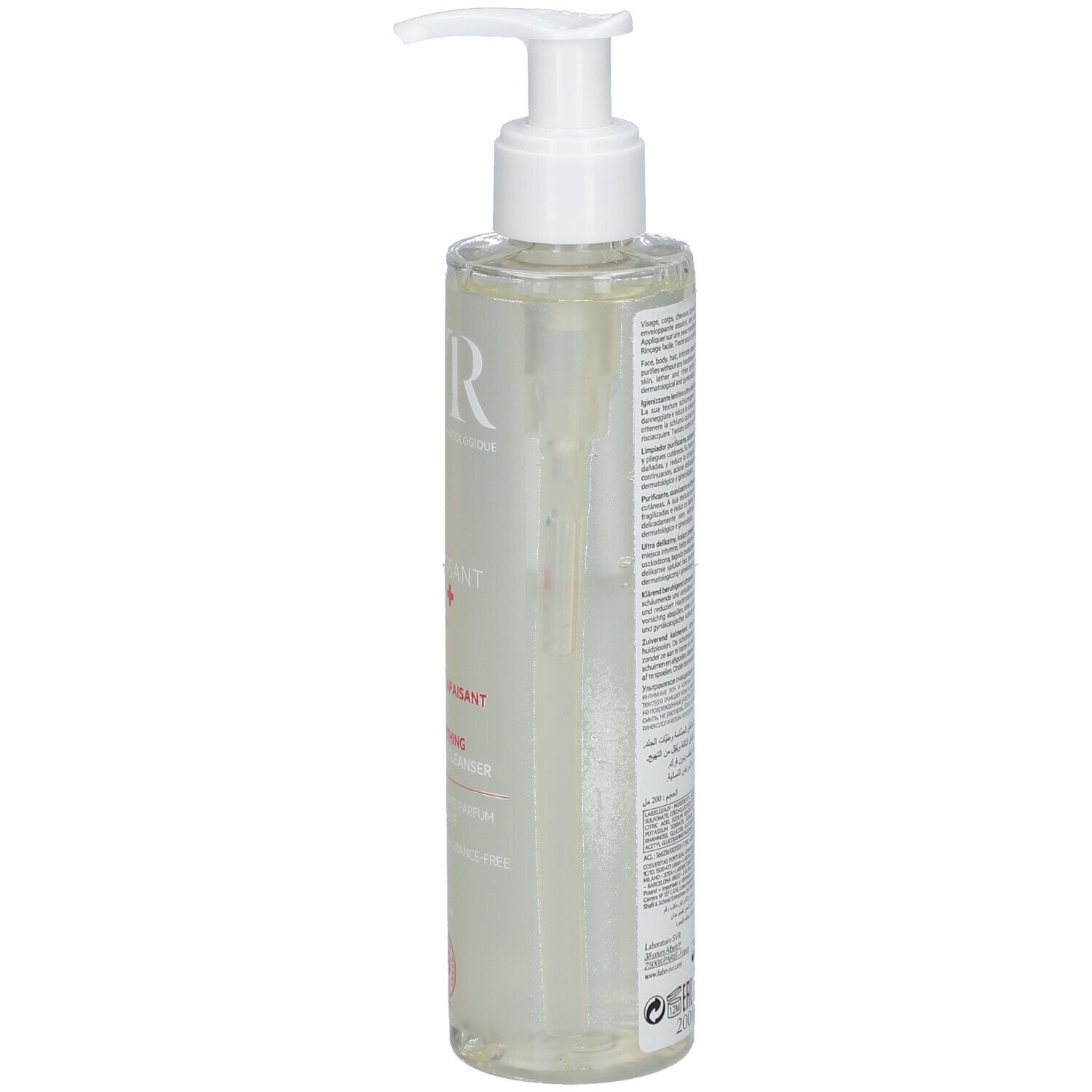 Transparente Flasche mit weißem Pumpverschluss. Aufschrift: SVR, CICA-VIT+, reinigendes Gel. Runder Aufkleber.