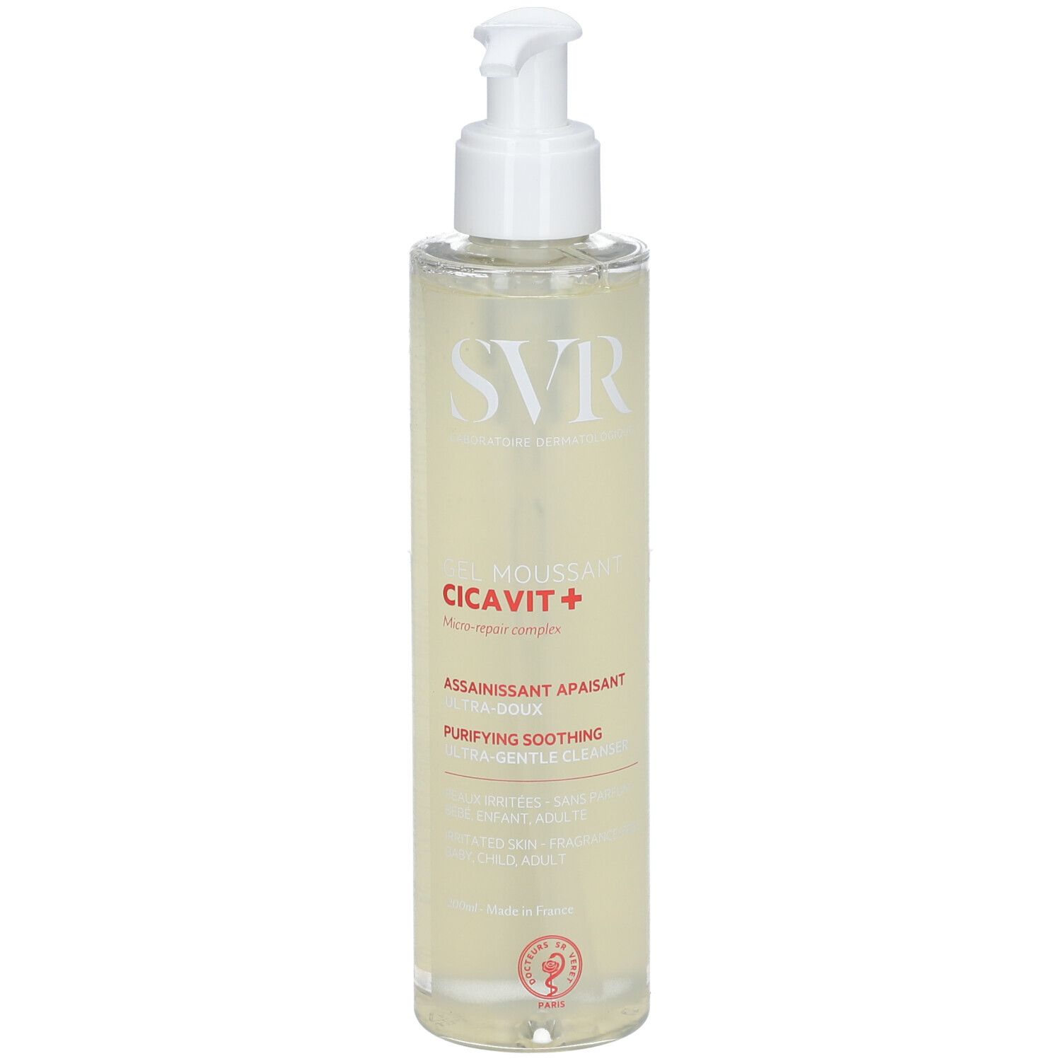 Transparente Flasche mit weißem Pumpverschluss. Aufschrift: SVR, CICA-VIT+, reinigendes Gel. Runder Aufkleber.