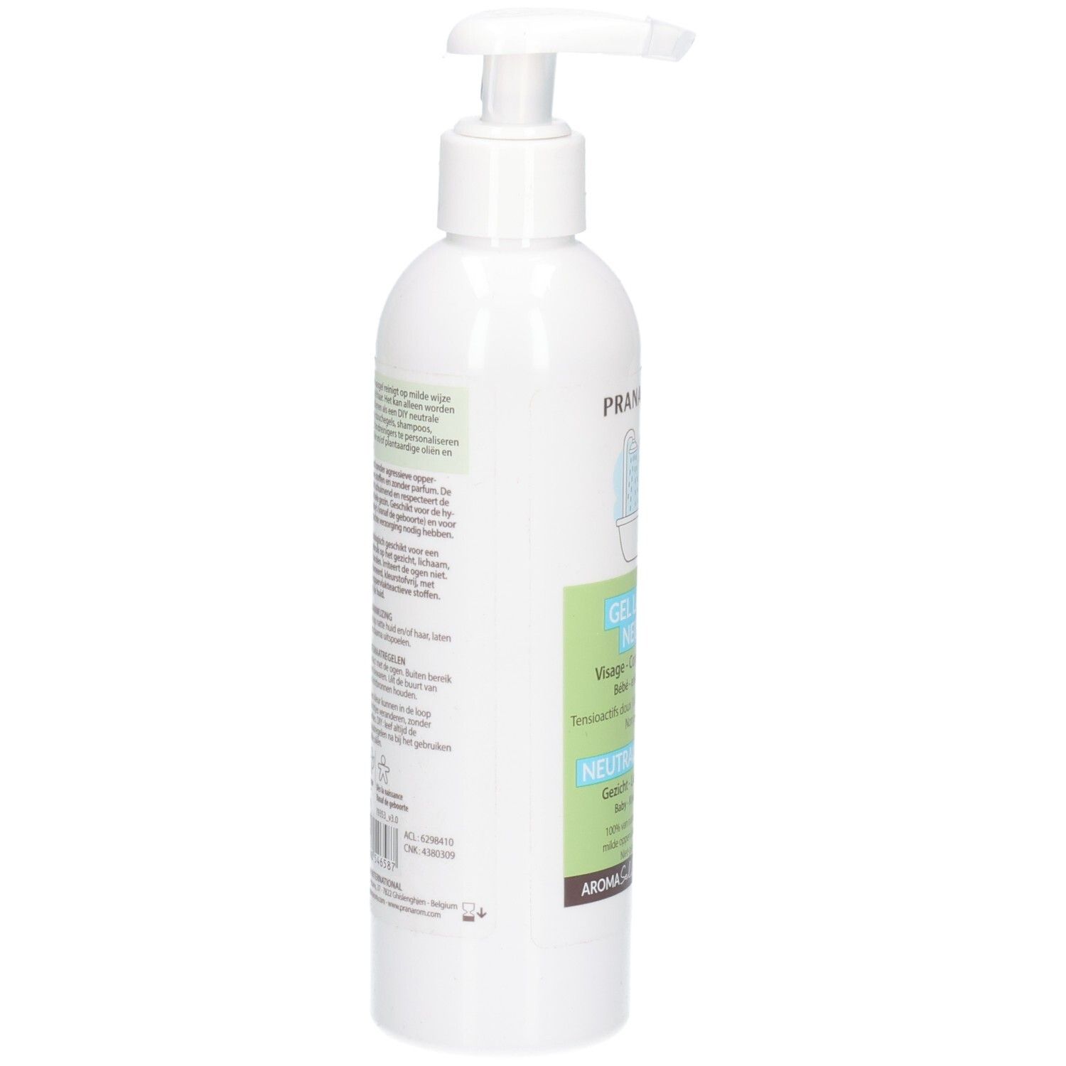 Rückseite einer Pranarôm Aromaself neutrale Waschgel-Flasche mit Pumpspender.