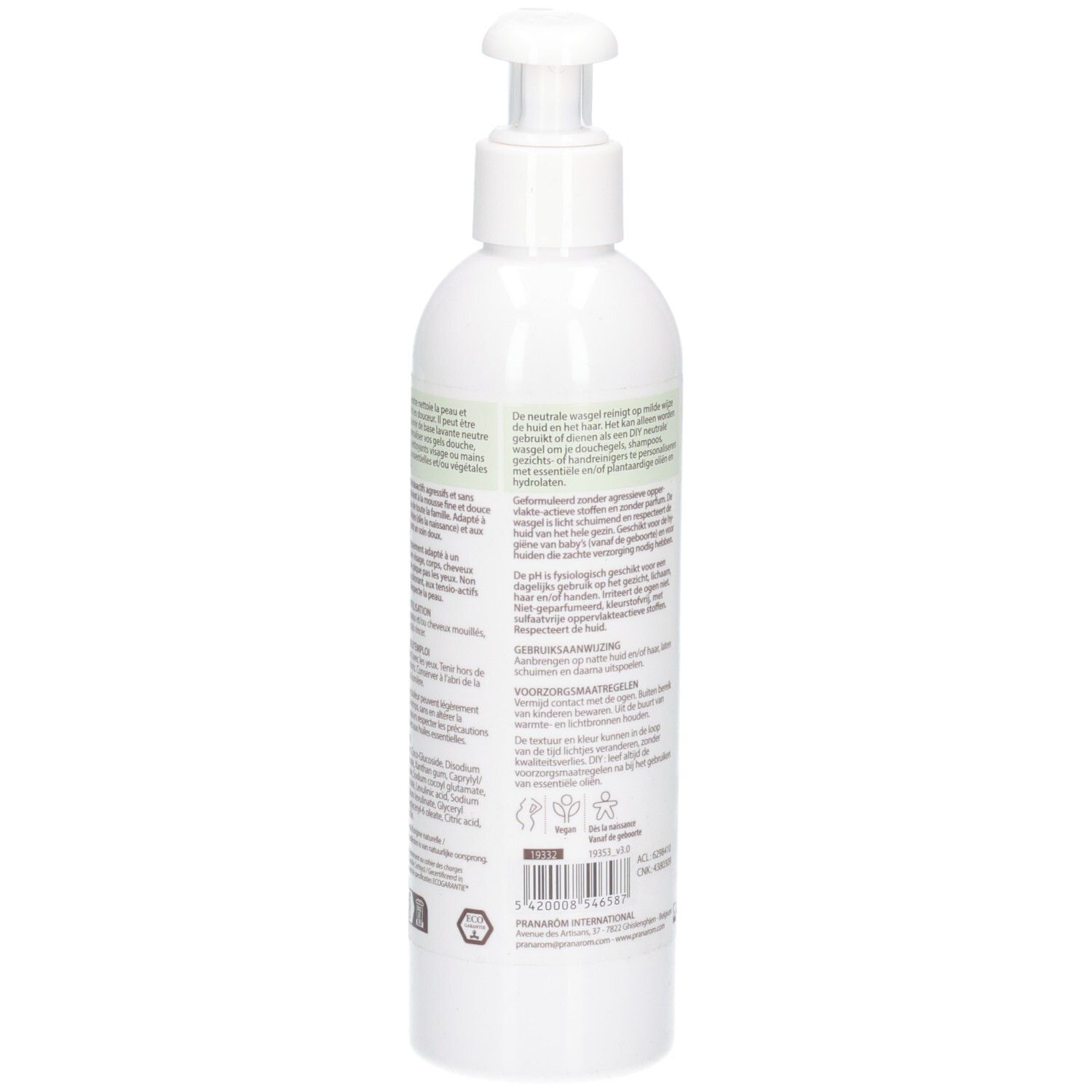 Rückseite einer Pranarôm Aromaself neutrale Waschgel-Flasche mit Pumpspender.