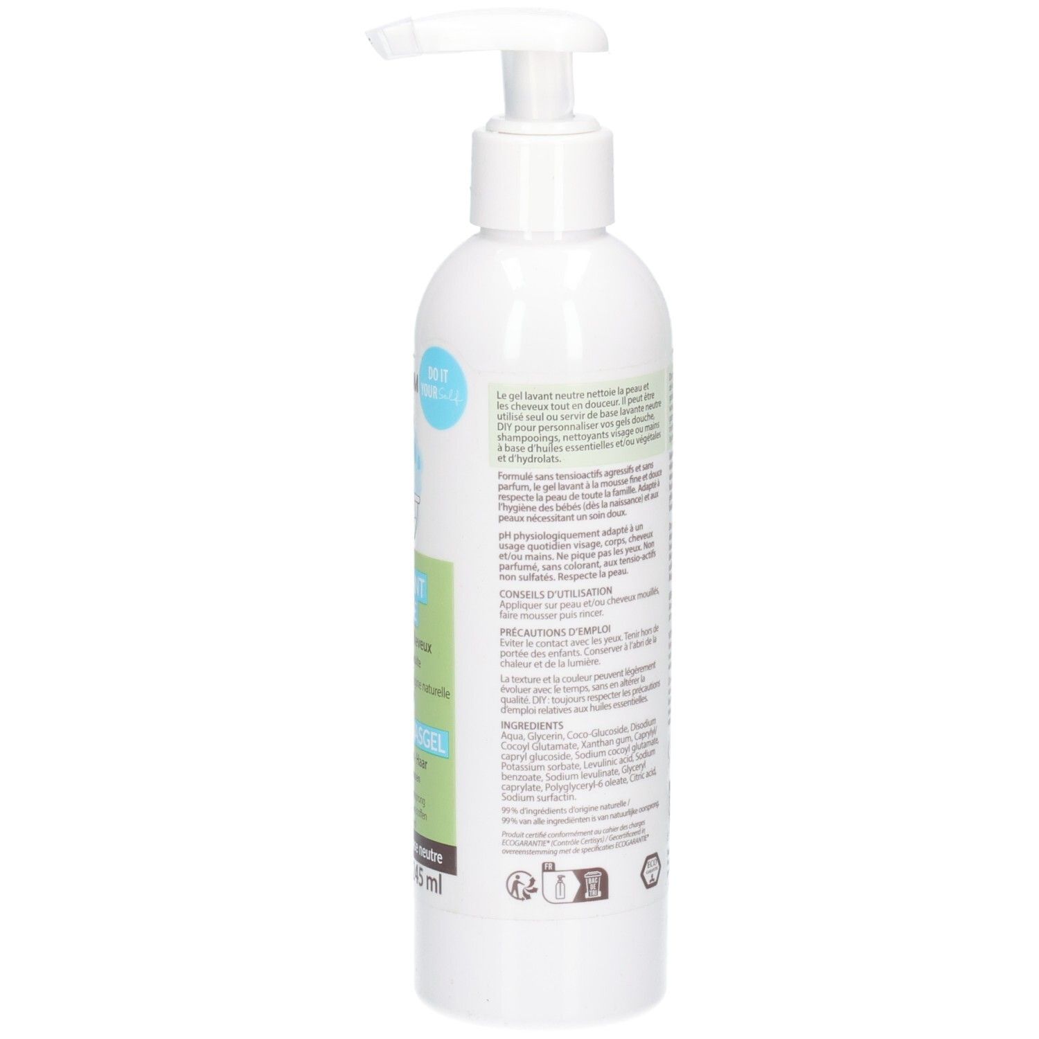 Rückseite einer Pranarôm Aromaself neutrale Waschgel-Flasche mit Pumpspender.