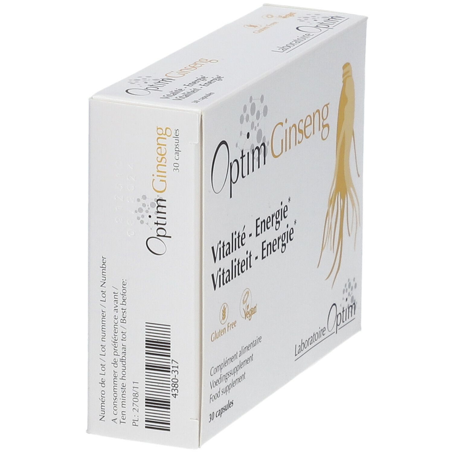 Doos "Optim Ginseng" in schuine hoek. Tekst: "30 capsules". Glutenvrij, veganistisch.