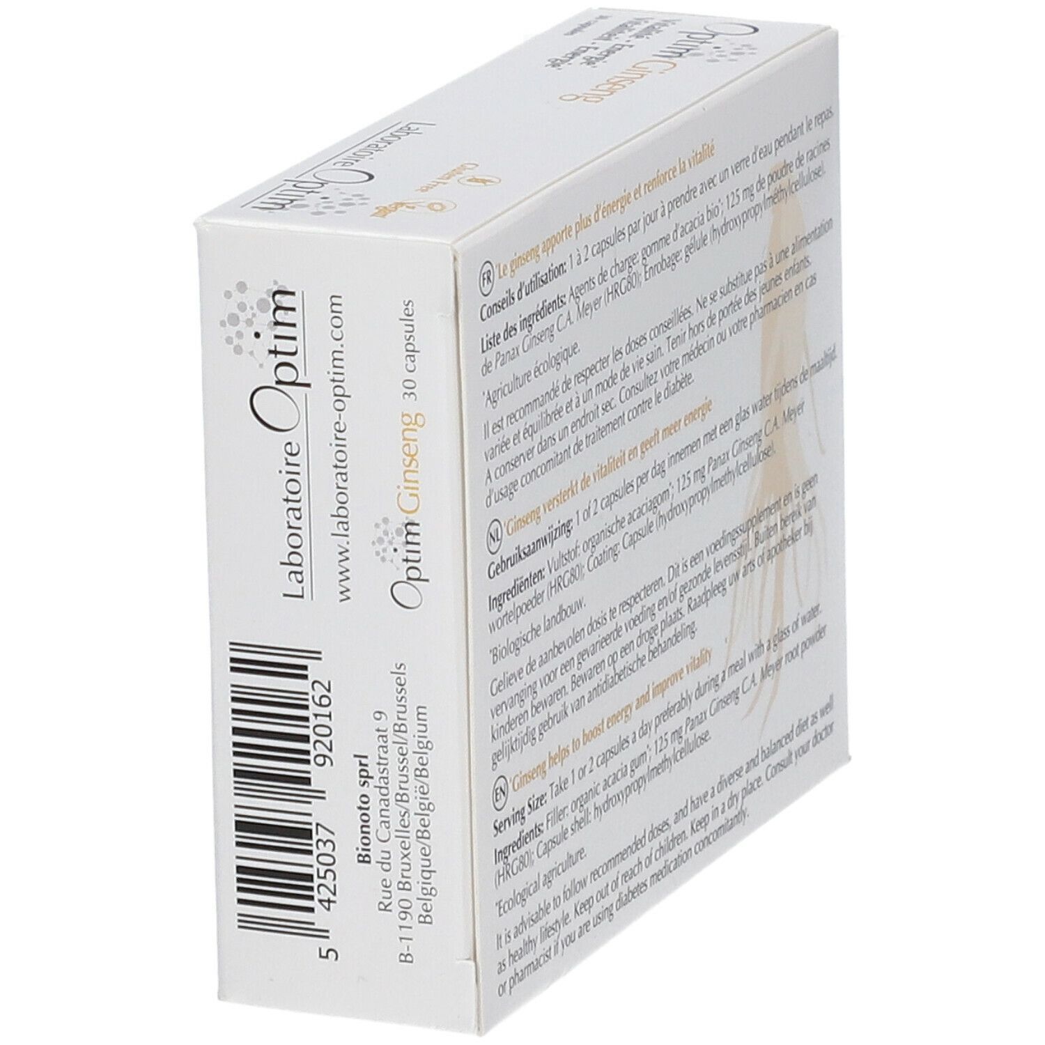 Doos "Optim Ginseng" in schuine hoek. Info over fabrikant en ingrediënten.