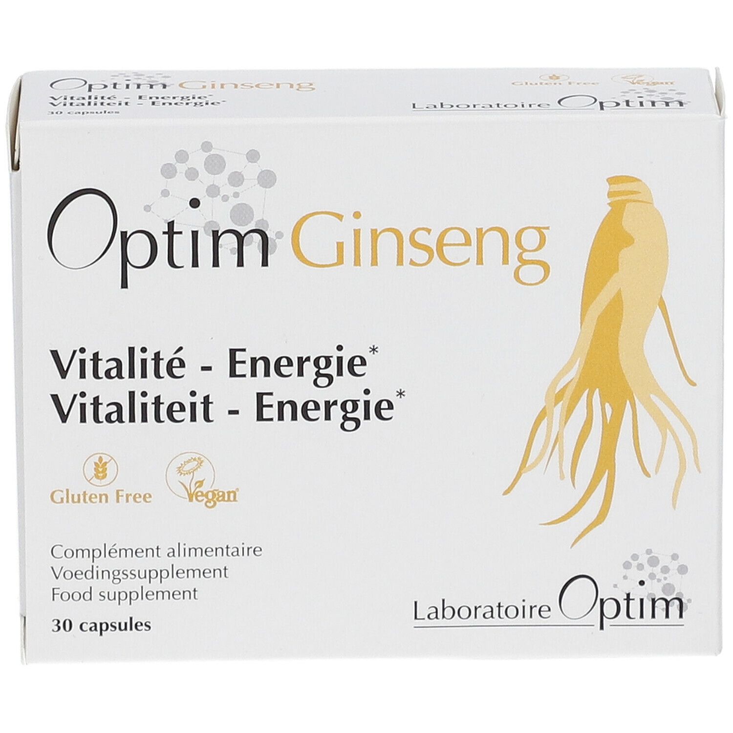 Witte doos "Optim Ginseng". Logo, tekst: Vitalité-Energie, 30 capsules. Glutenvrij, veganistisch.