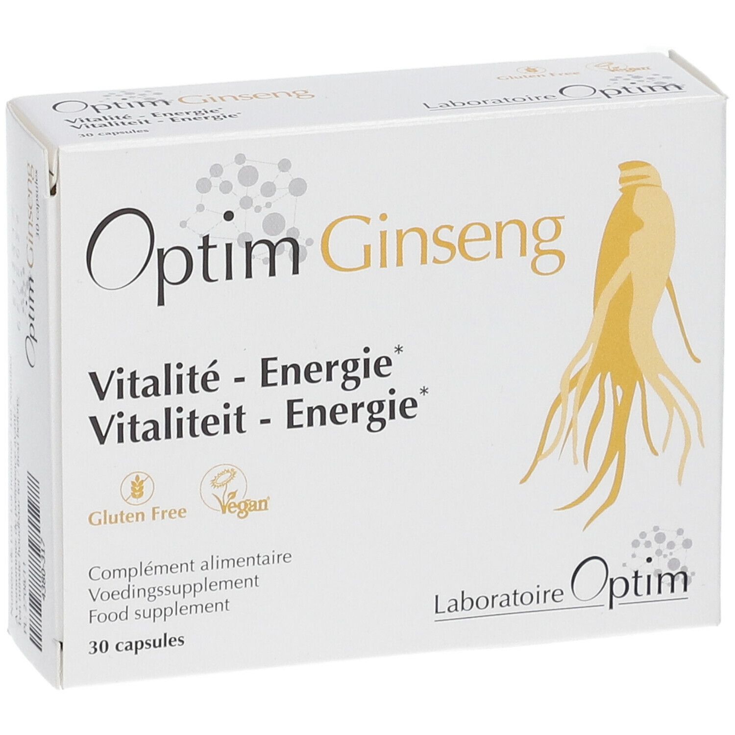 Witte doos "Optim Ginseng". Logo, tekst: Vitalité-Energie, 30 capsules. Glutenvrij, veganistisch.