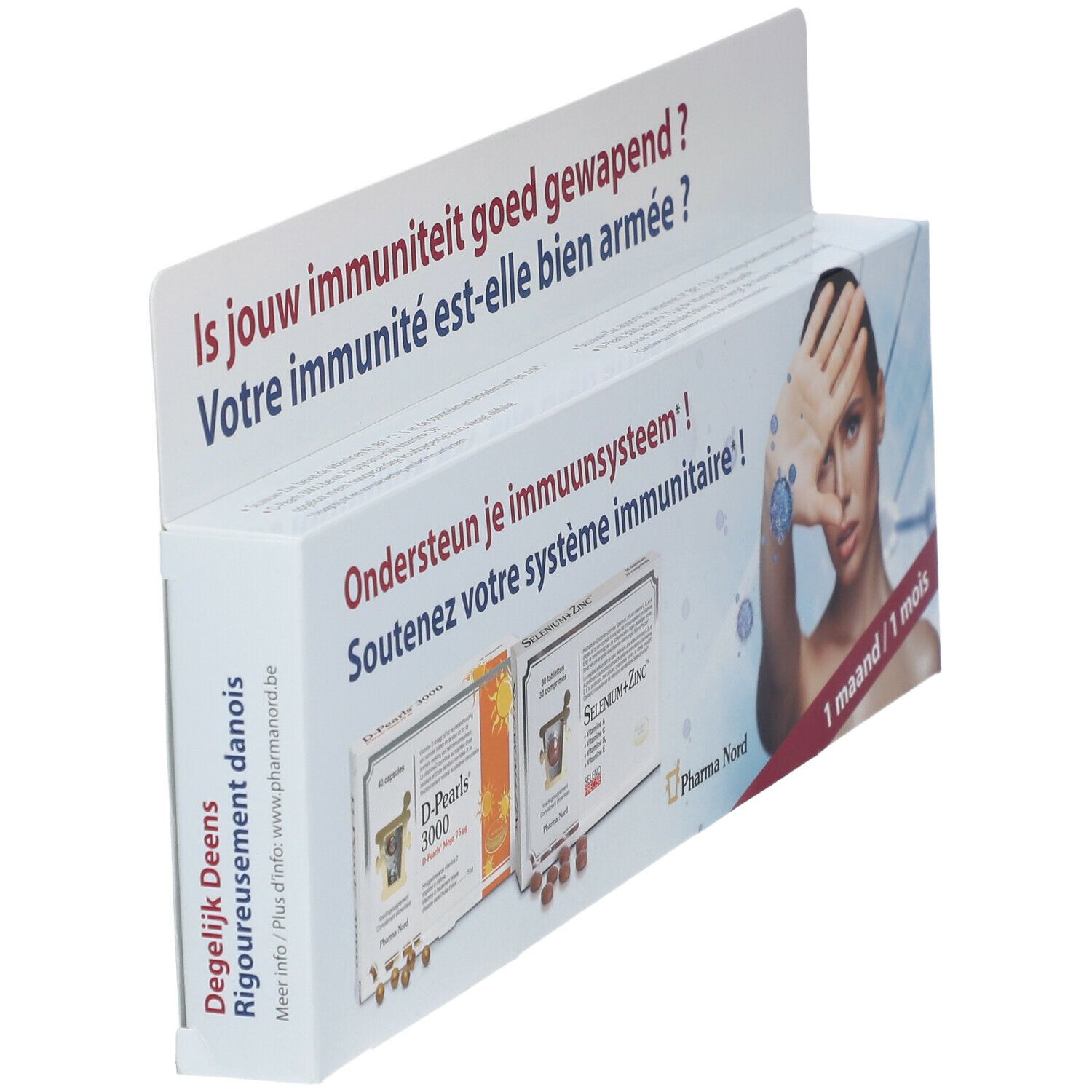 Schuine weergave van de Pharma Nord Immunity Duo-Pack verpakking. Tekst: Ondersteun je immuunsysteem! Bevat D-Pearls 3000 en Selenium+Zink.