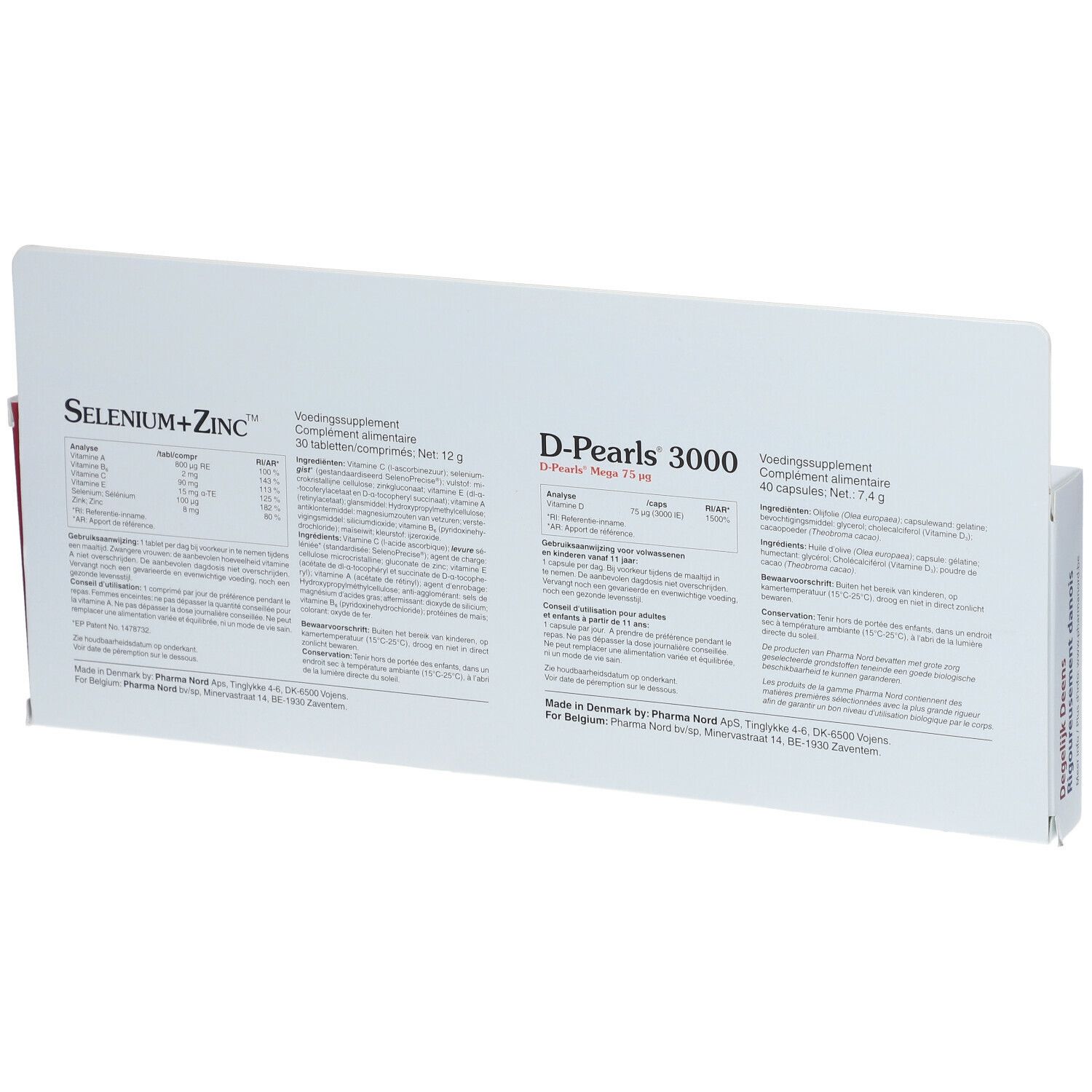 Achterkant van de Pharma Nord Immunity Duo-Pack verpakking. Bevat informatie over Selenium+Zink en D-Pearls 3000.