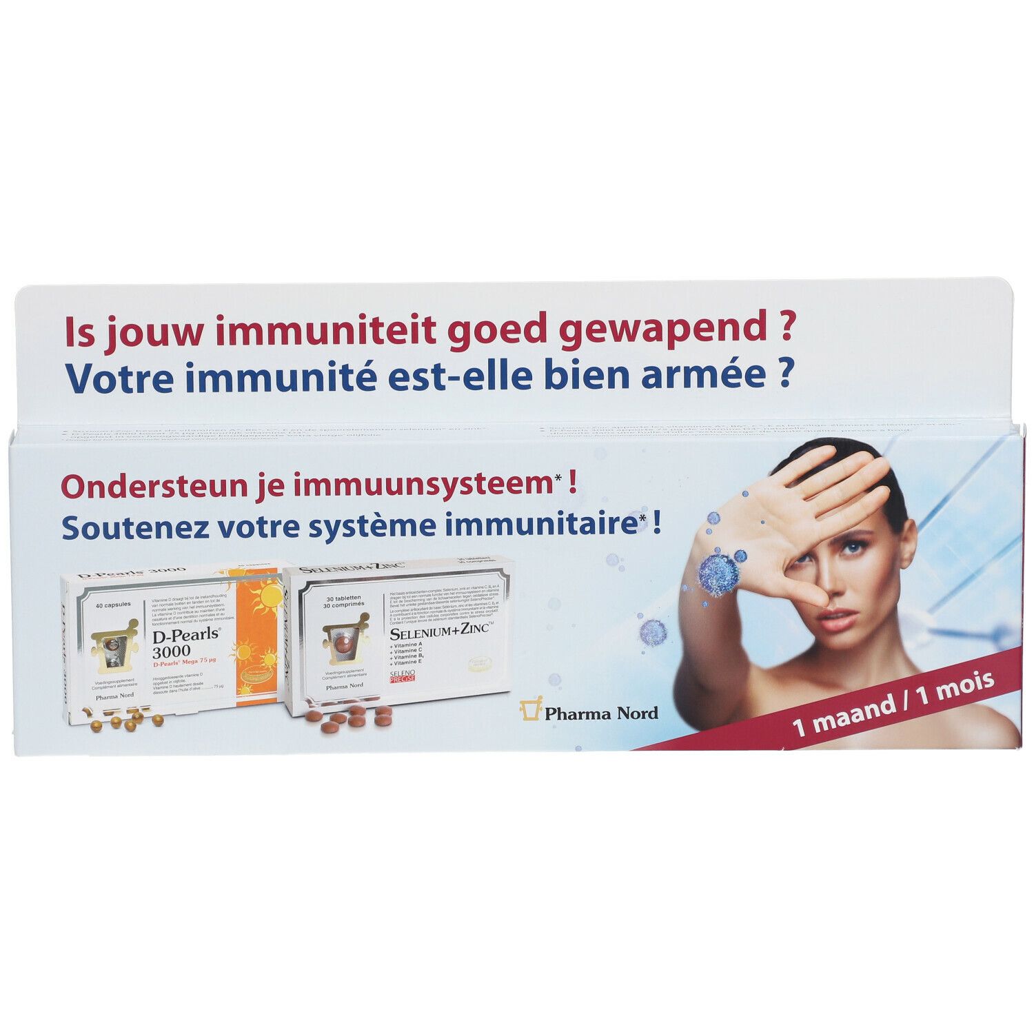 Pharma Nord Immunity Duo-Pack verpakking. Bevat D-Pearls 3000 en Selenium+Zink. Opschrift: 1 maand. Vrouw met hand voor gezicht.