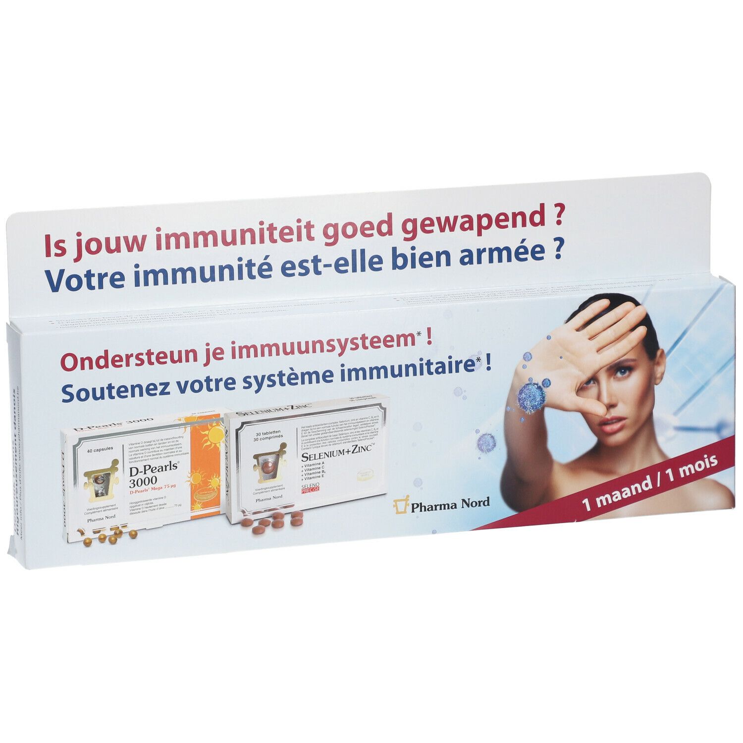 Pharma Nord Immunity Duo-Pack verpakking. Bevat D-Pearls 3000 en Selenium+Zink. Opschrift: 1 maand. Vrouw met hand voor gezicht.