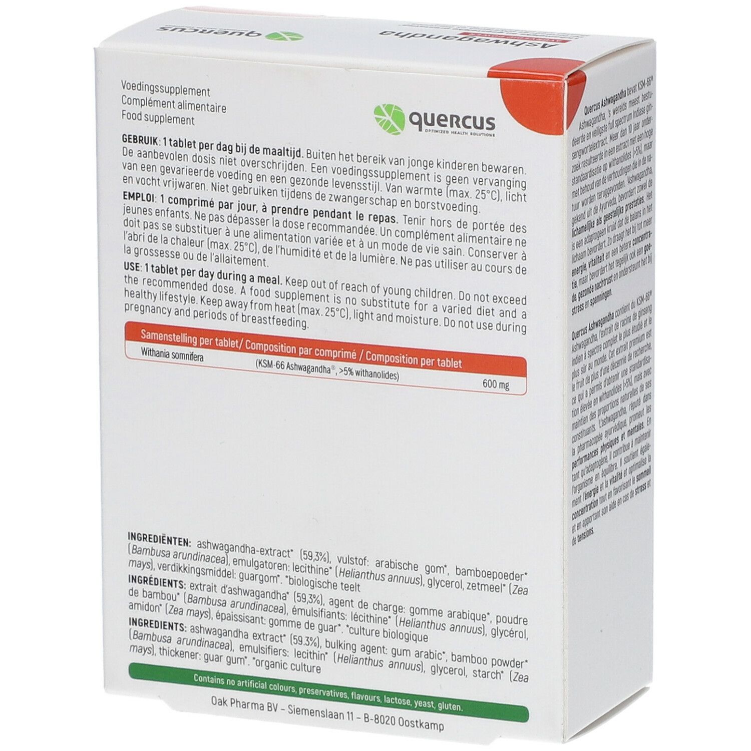 Rückseite der weißen Schachtel mit Text. Enthält Informationen zu Inhaltsstoffen und Dosierung. Logo "Quercus".
