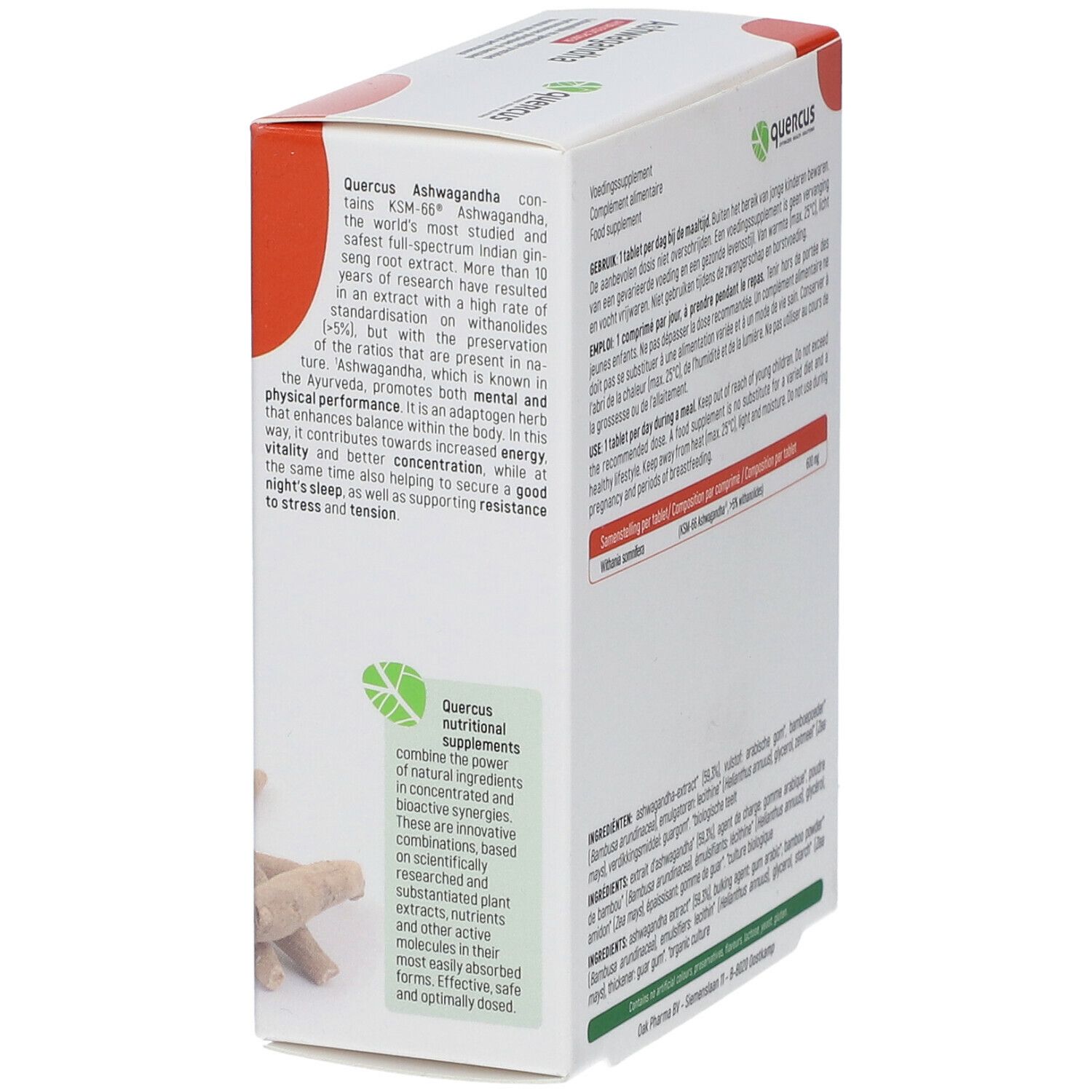 Weiße Schachtel mit Text. Enthält Informationen zu Inhaltsstoffen und Dosierung. Logo "Quercus". Eckige Form mit roter Ecke.