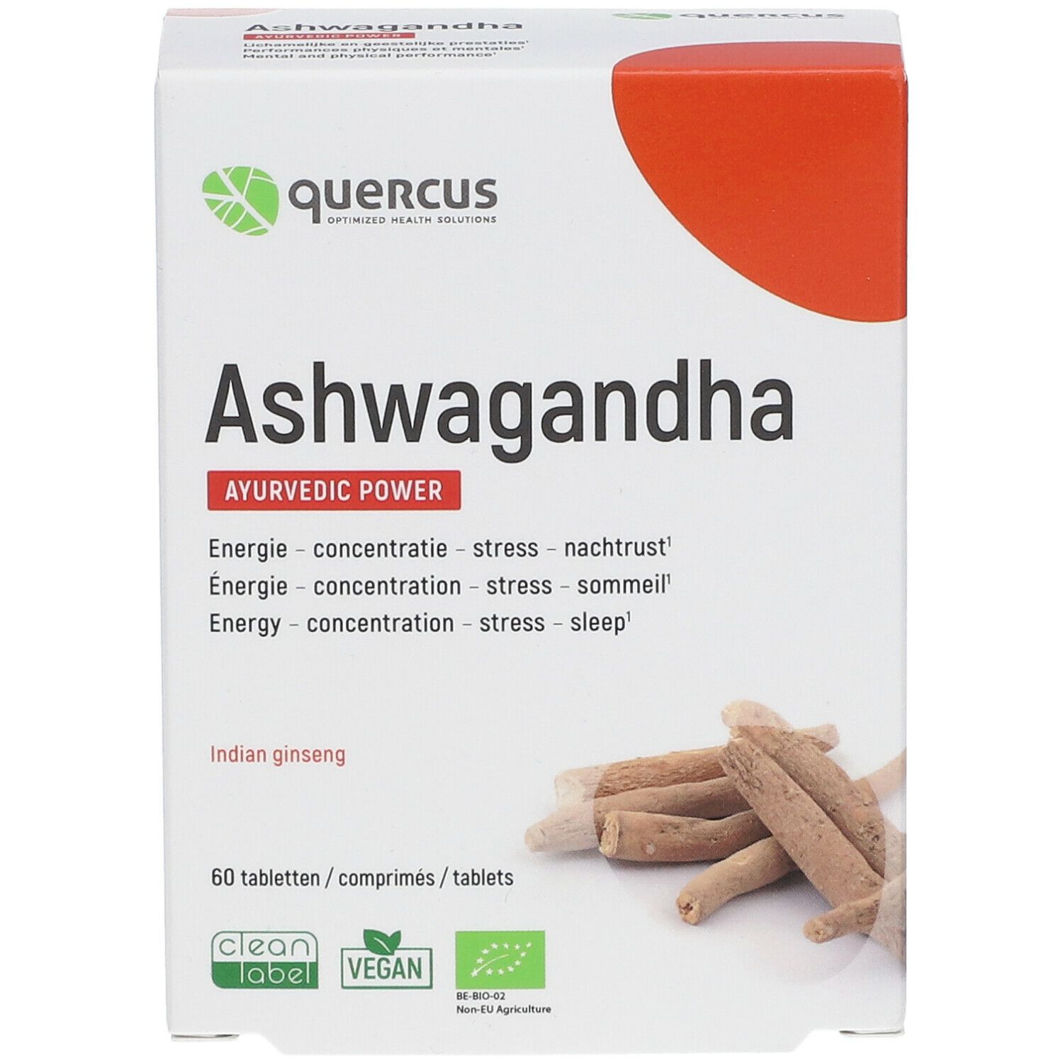 Weiße Schachtel mit "Ashwagandha"-Aufdruck. Enthält 60 Tabletten. Logo und Text in Englisch, Deutsch, Französisch und Niederländisch. Vegan.