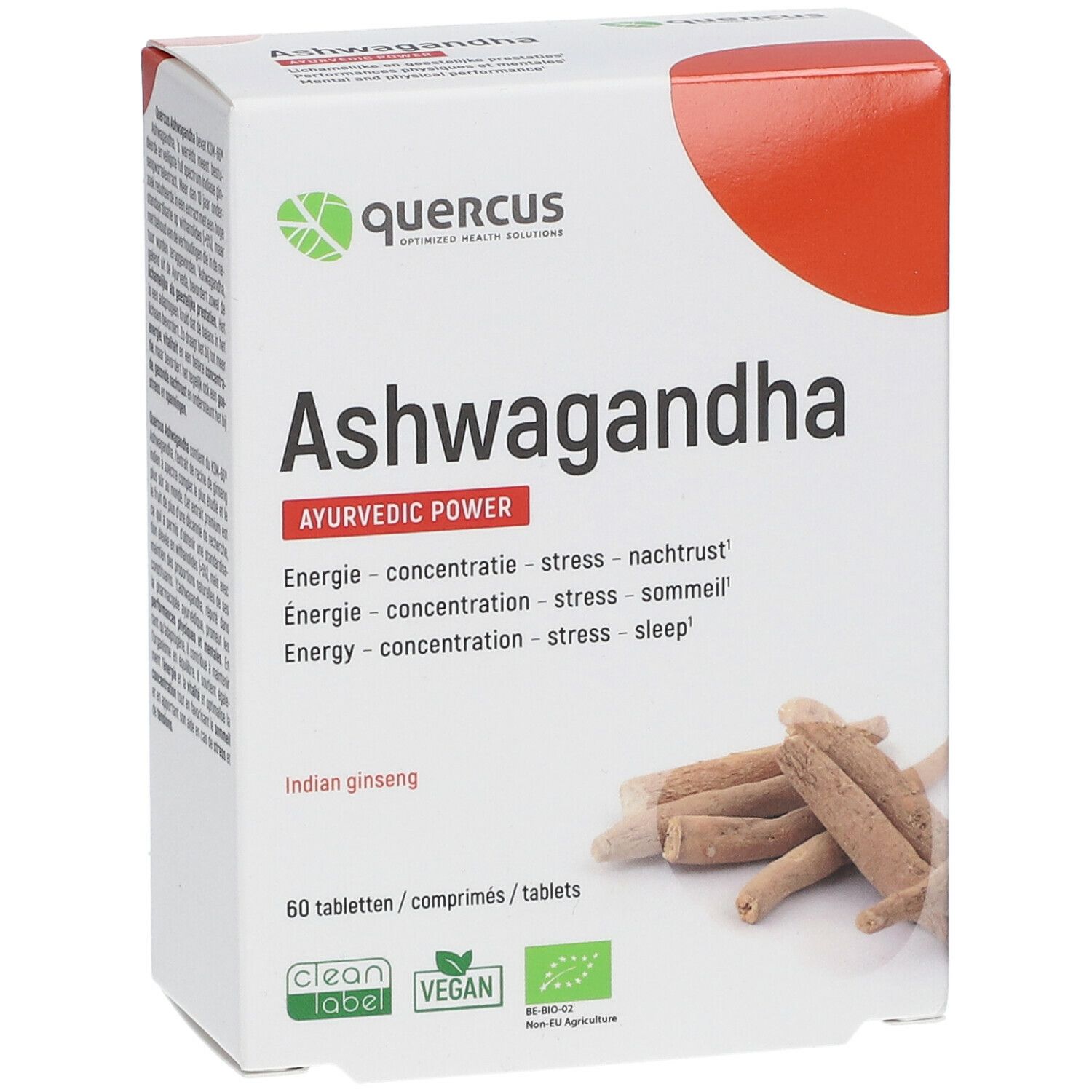 Weiße Schachtel mit "Ashwagandha"-Aufdruck. Enthält 60 Tabletten. Logo und Text in Englisch, Deutsch, Französisch und Niederländisch. Vegan.