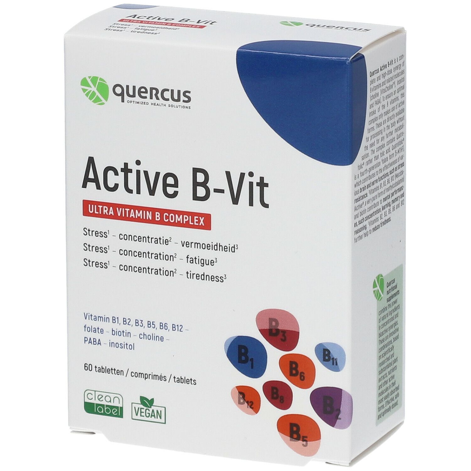 Quercus Active B-Vit Ultra Vitamin B Complex. Witte doos met logo en productnaam. Bevat 60 tabletten. Vegan label.