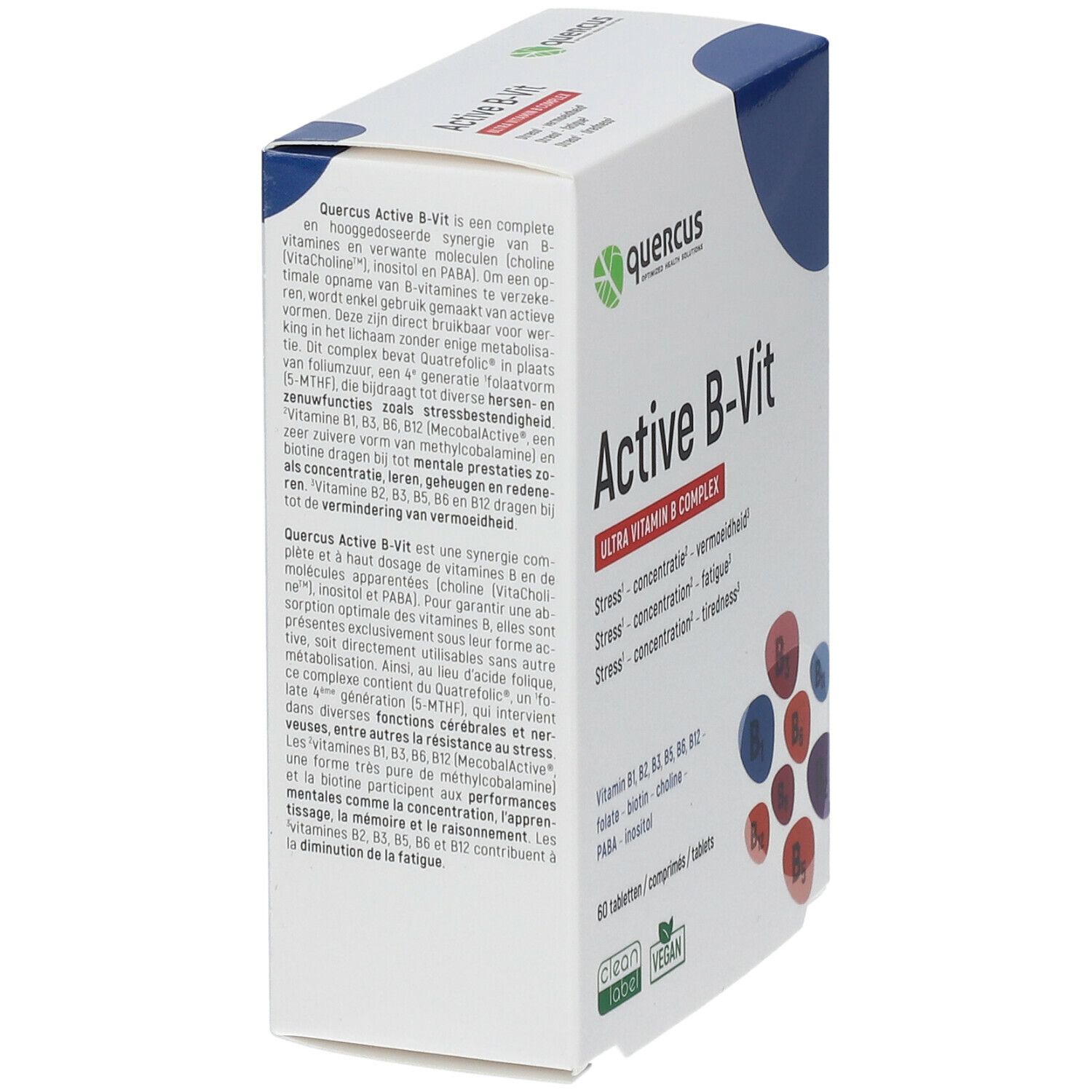 Quercus Active B-Vit verpakking, schuin. Productnaam en logo zichtbaar. Bevat 60 tabletten. Vegan label. Tekst in het Duits en Frans.