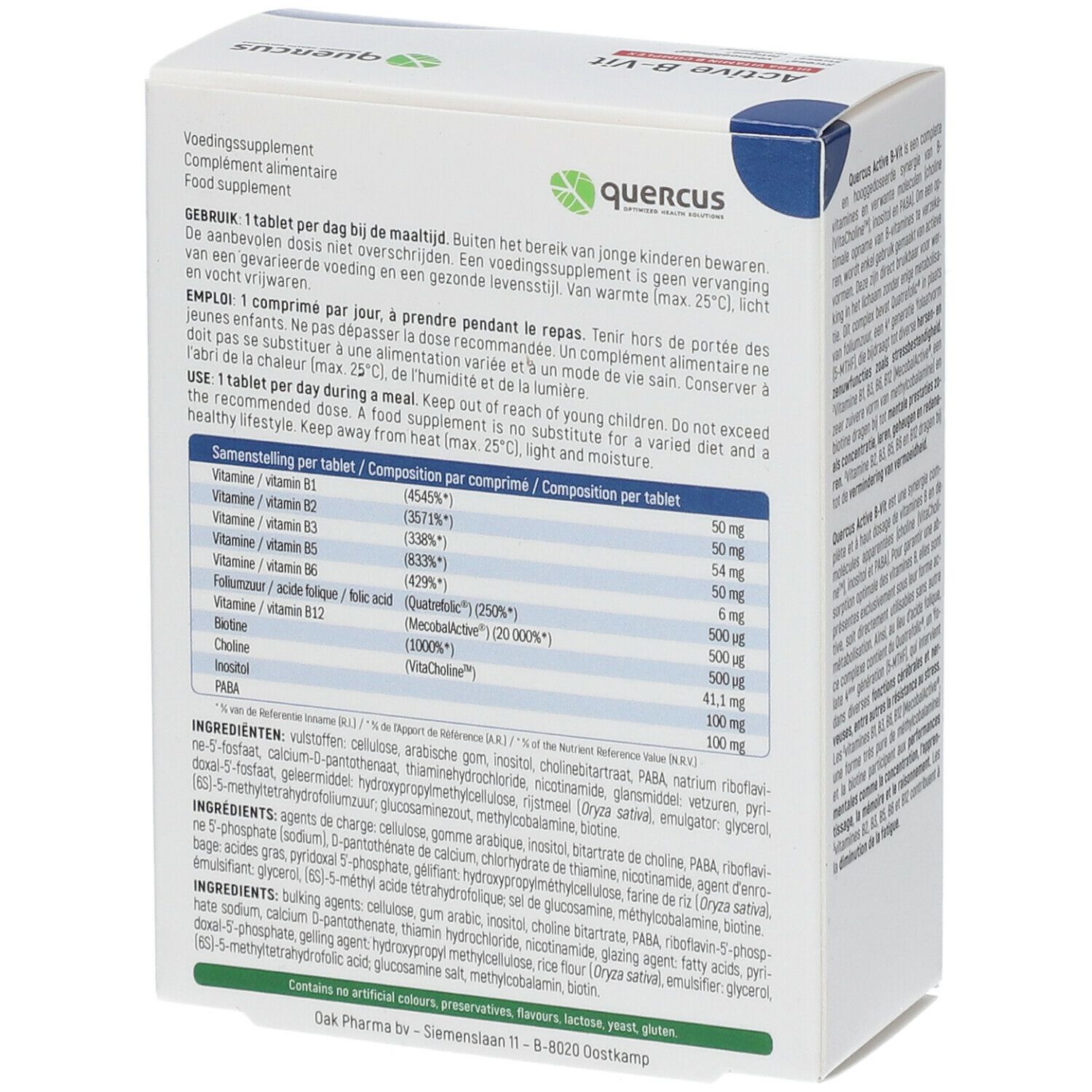 Achterkant van de Quercus Active B-Vit verpakking. Ingrediëntenlijst, dosering en gebruiksaanwijzing. Tekst in meerdere talen.
