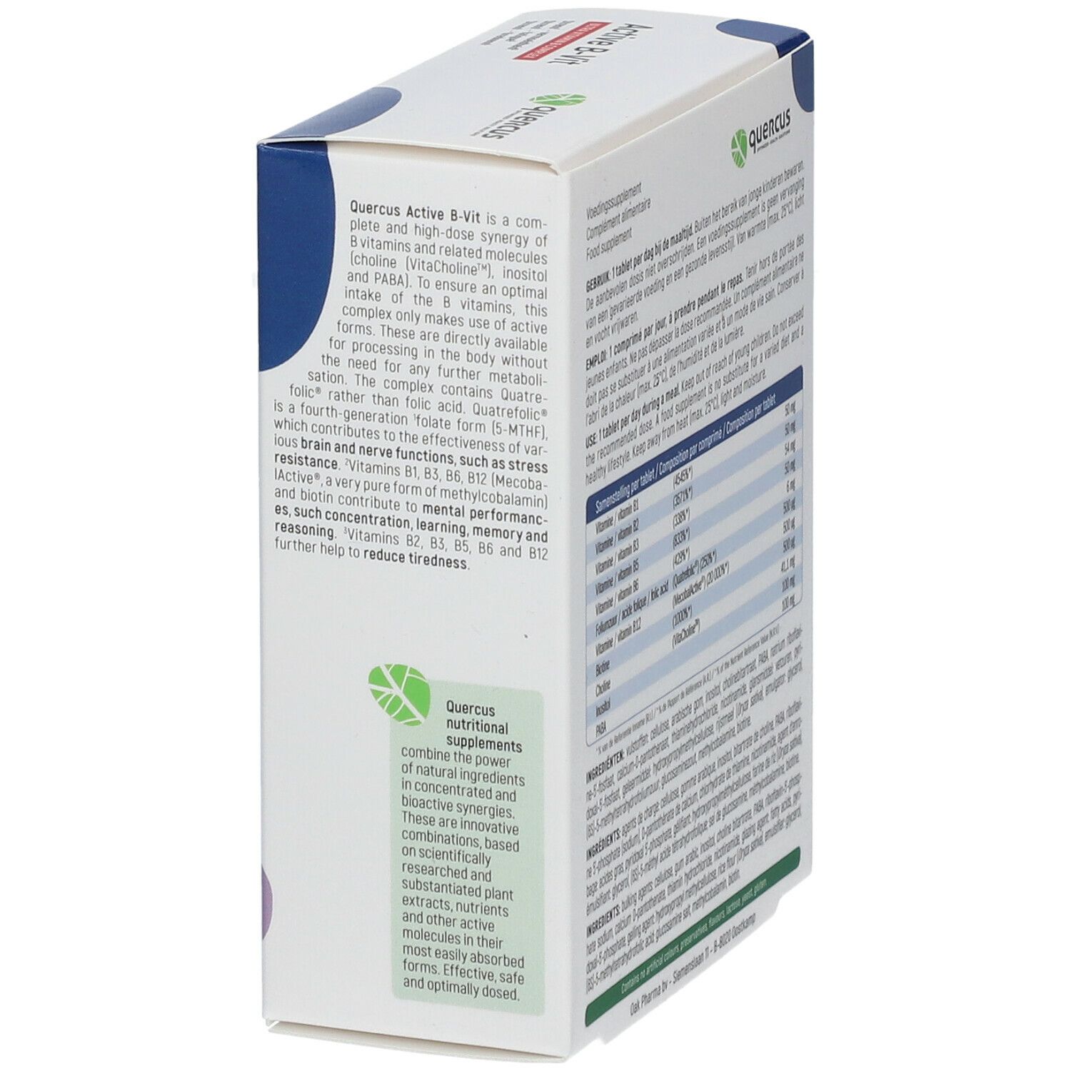 Quercus Active B-Vit verpakking, schuin. Tekst over ingrediënten en voordelen. Logo en productnaam zichtbaar.