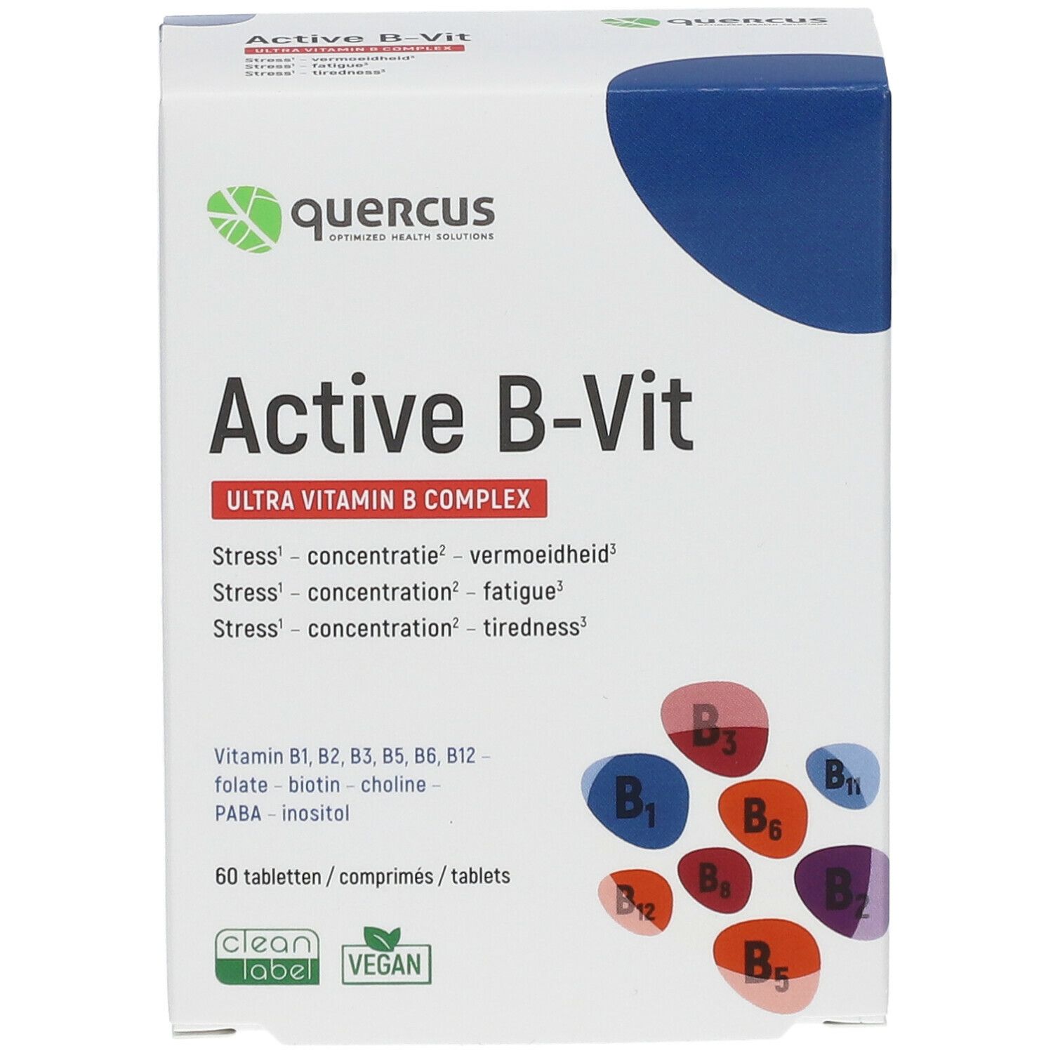 Quercus Active B-Vit Ultra Vitamin B Complex. Witte doos met logo en productnaam. Bevat 60 tabletten. Vegan label.