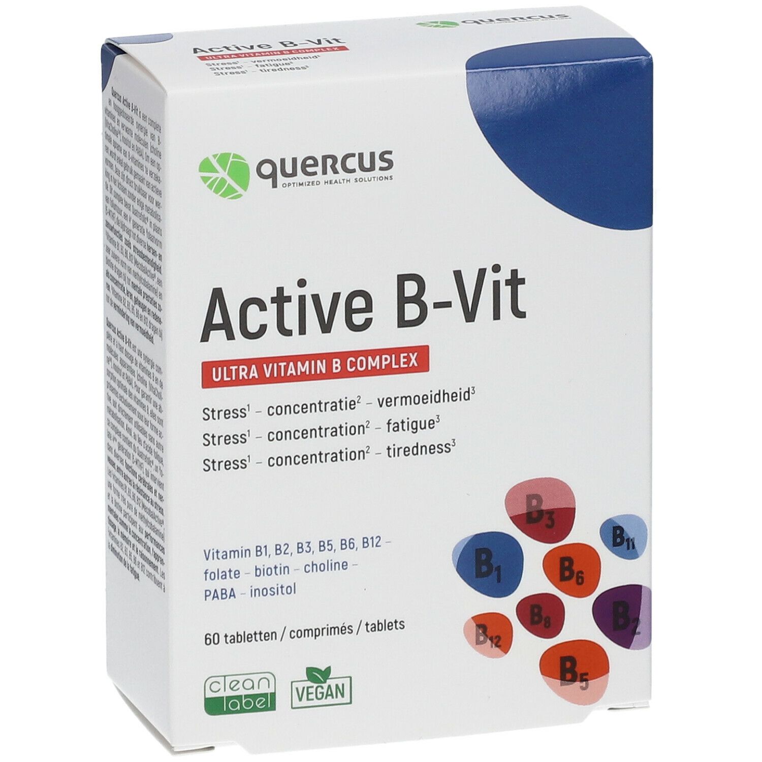 Quercus Active B-Vit Ultra Vitamin B Complex. Witte doos met logo en productnaam. Bevat 60 tabletten. Vegan label.