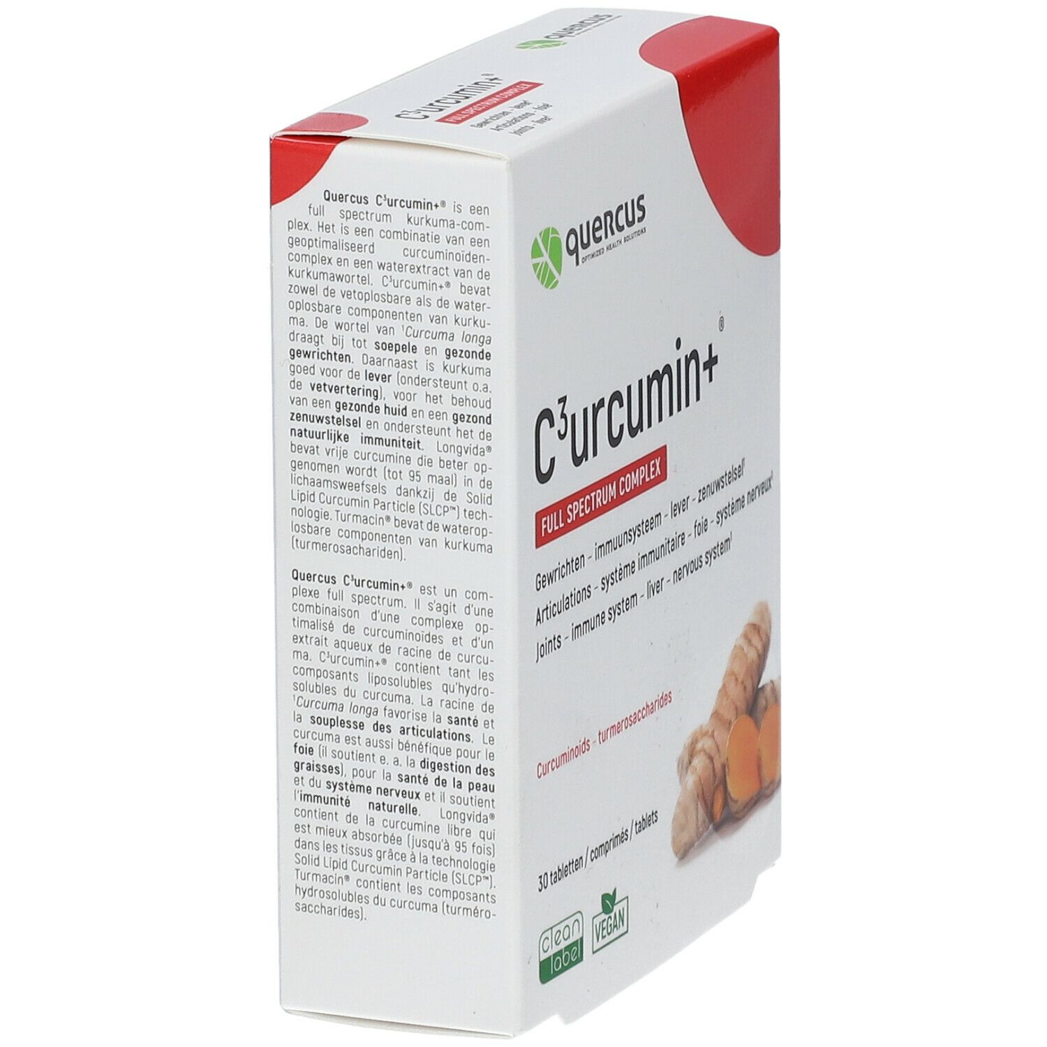 Witte doos, rode accent. Opschrift: C³urcumin+ Full Spectrum Complex. Tekst en illustratie van kurkuma.