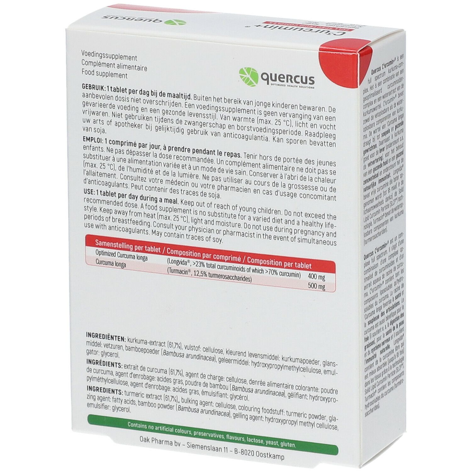 Achterkant van de witte doos. Meertalige tekst. Ingrediënten en voedingswaarde-informatie.