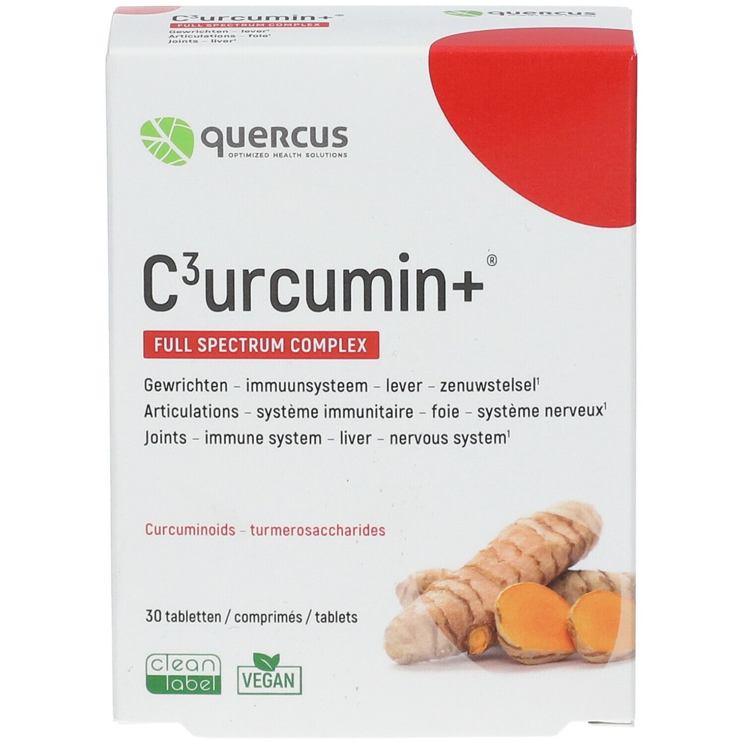 Witte doos met rode accenten. Opschrift: C³urcumin+ Full Spectrum Complex. Illustratie van kurkumawortels.