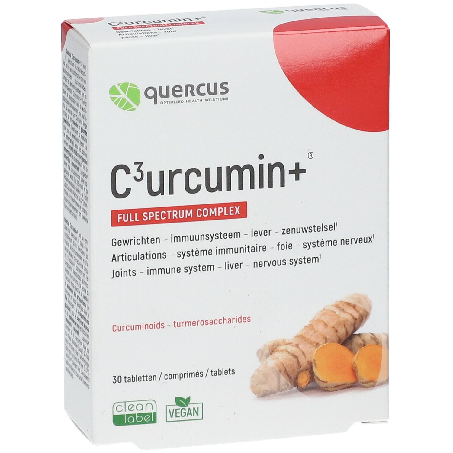 Witte doos met rode accenten. Opschrift: C³urcumin+ Full Spectrum Complex. Illustratie van kurkumawortels.