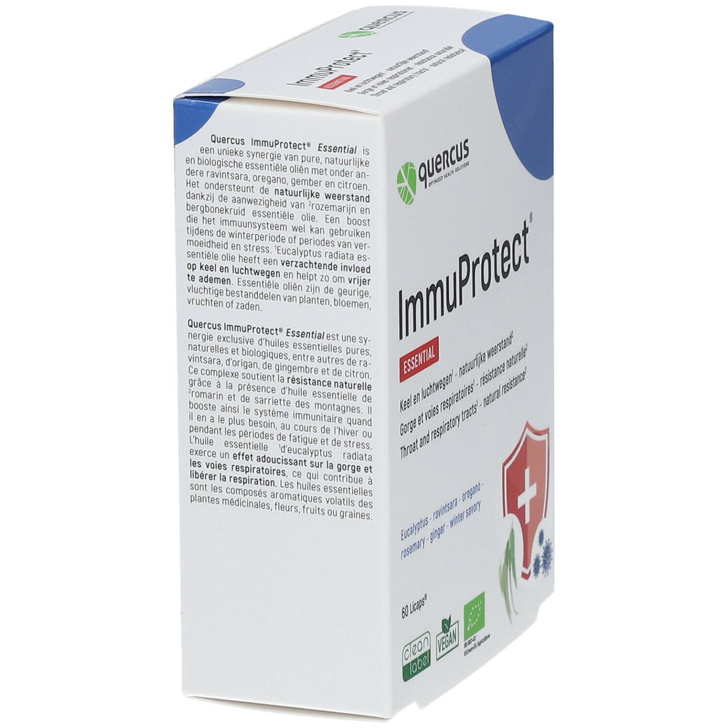 Boîte blanche vue de côté. Inscription "ImmuProtect" et logo visibles. Texte en néerlandais et français.