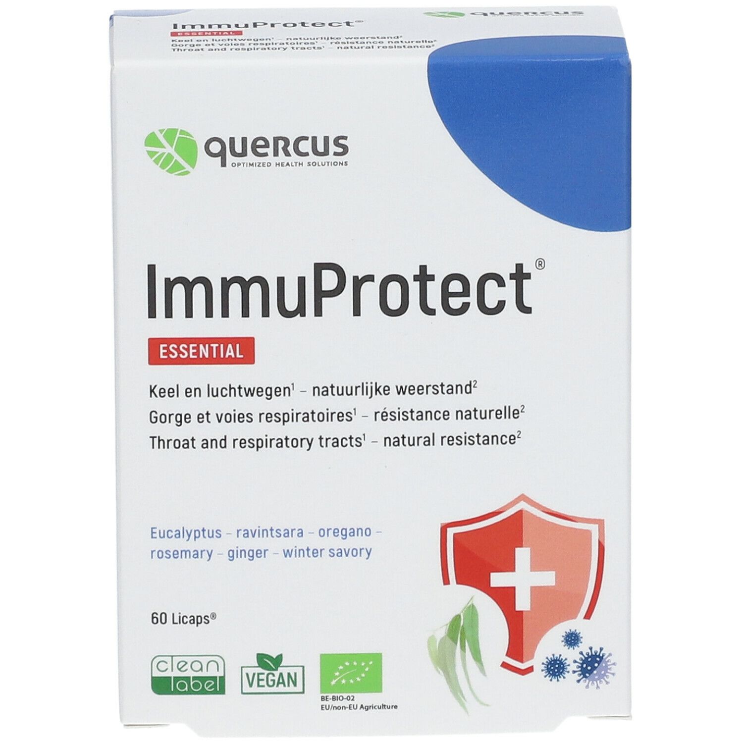 Boîte blanche "ImmuProtect" avec logo. Contient 60 gélules. Labels Clean, Vegan et Bio UE.