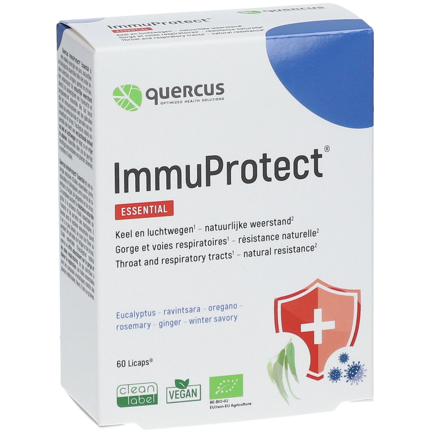 Boîte blanche "ImmuProtect" avec logo. Contient 60 gélules. Labels Clean, Vegan et Bio UE.