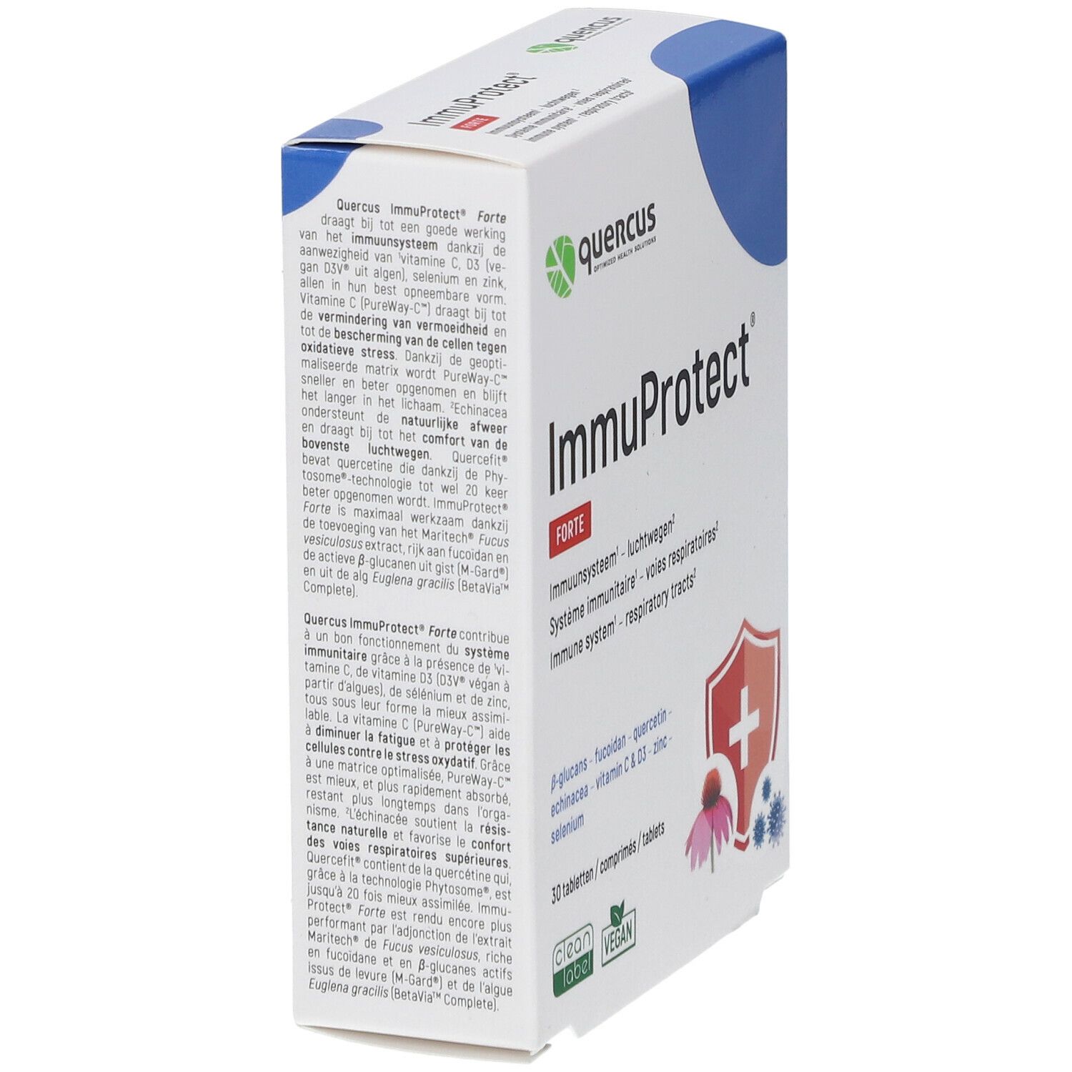 Boîte Quercus ImmuProtect Forte, en biais. Carton blanc avec couvercle bleu. Nom et ingrédients imprimés.