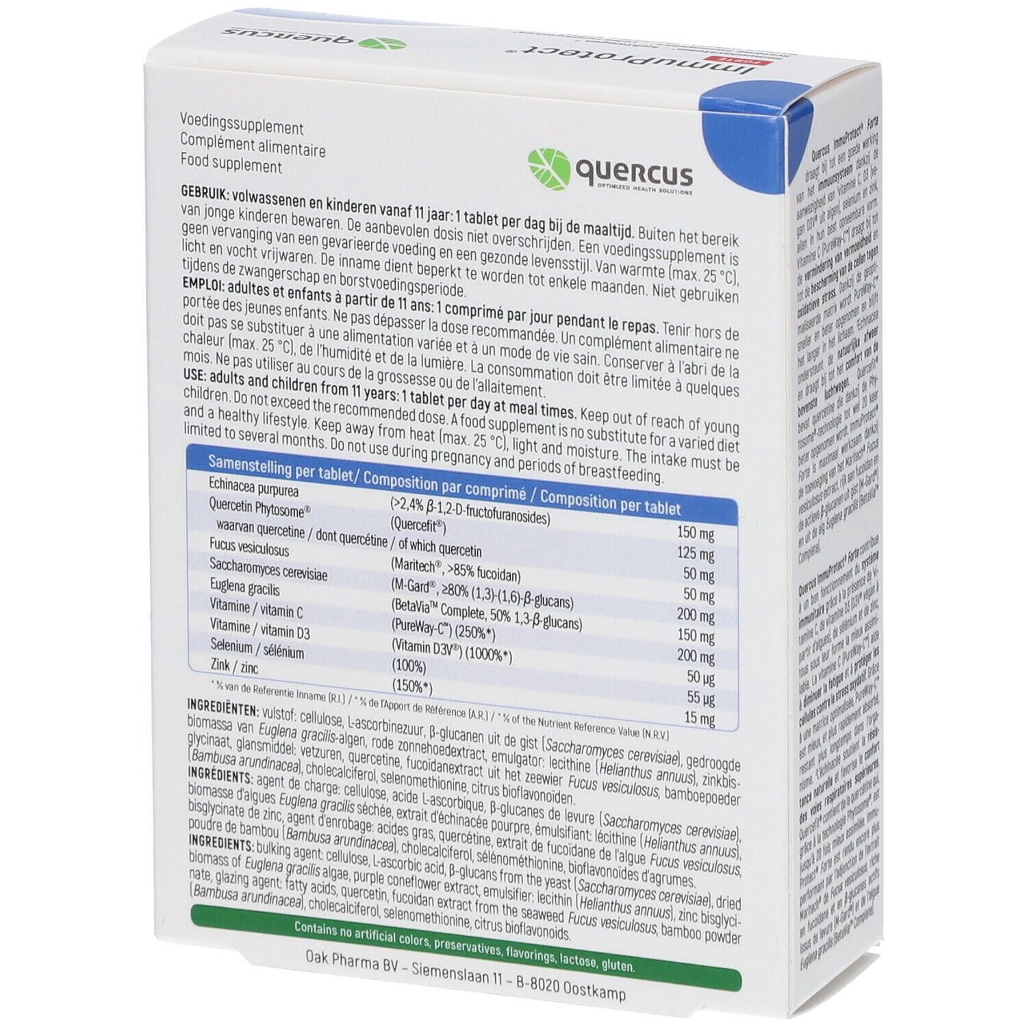 Dos de la boîte Quercus ImmuProtect Forte. Texte avec ingrédients et dosage. Carton blanc.