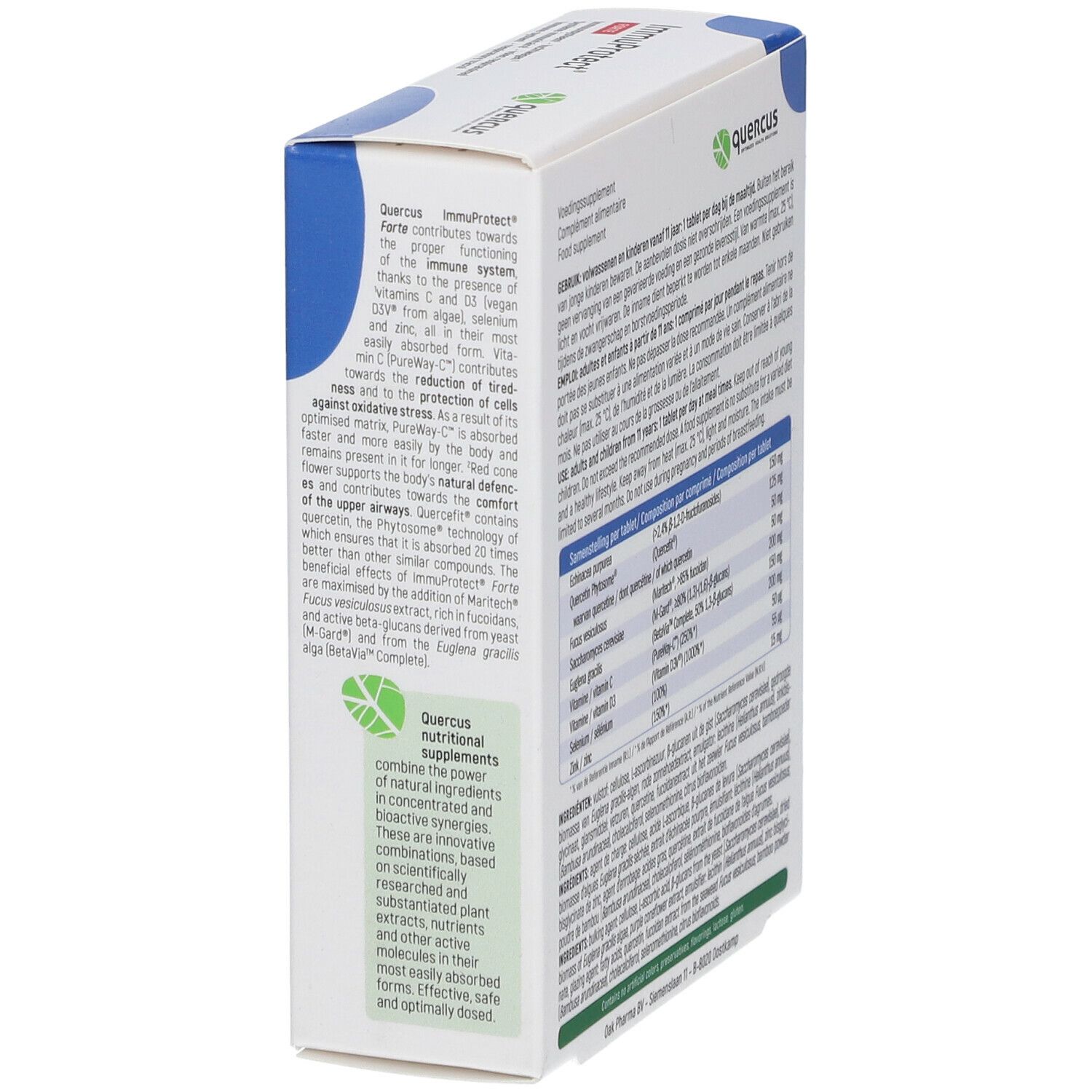 Côté de la boîte Quercus ImmuProtect Forte. Texte avec informations sur le produit. Carton blanc.