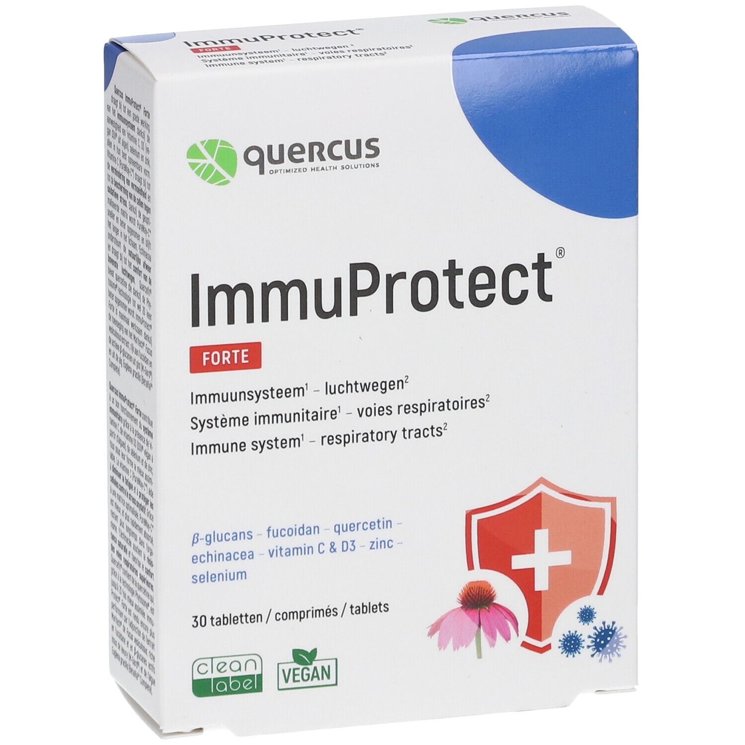 Boîte Quercus ImmuProtect Forte. Carton blanc avec couvercle bleu. Nom du produit et ingrédients imprimés.