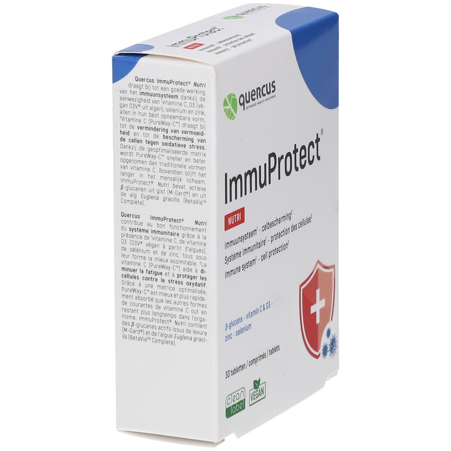 Boîte Quercus ImmuProtect Nutri, en biais. Contient 30 comprimés. Inscription : système immunitaire, protection cellulaire. Avec bêta-glucanes, Vit C & D3, zinc et sélénium.