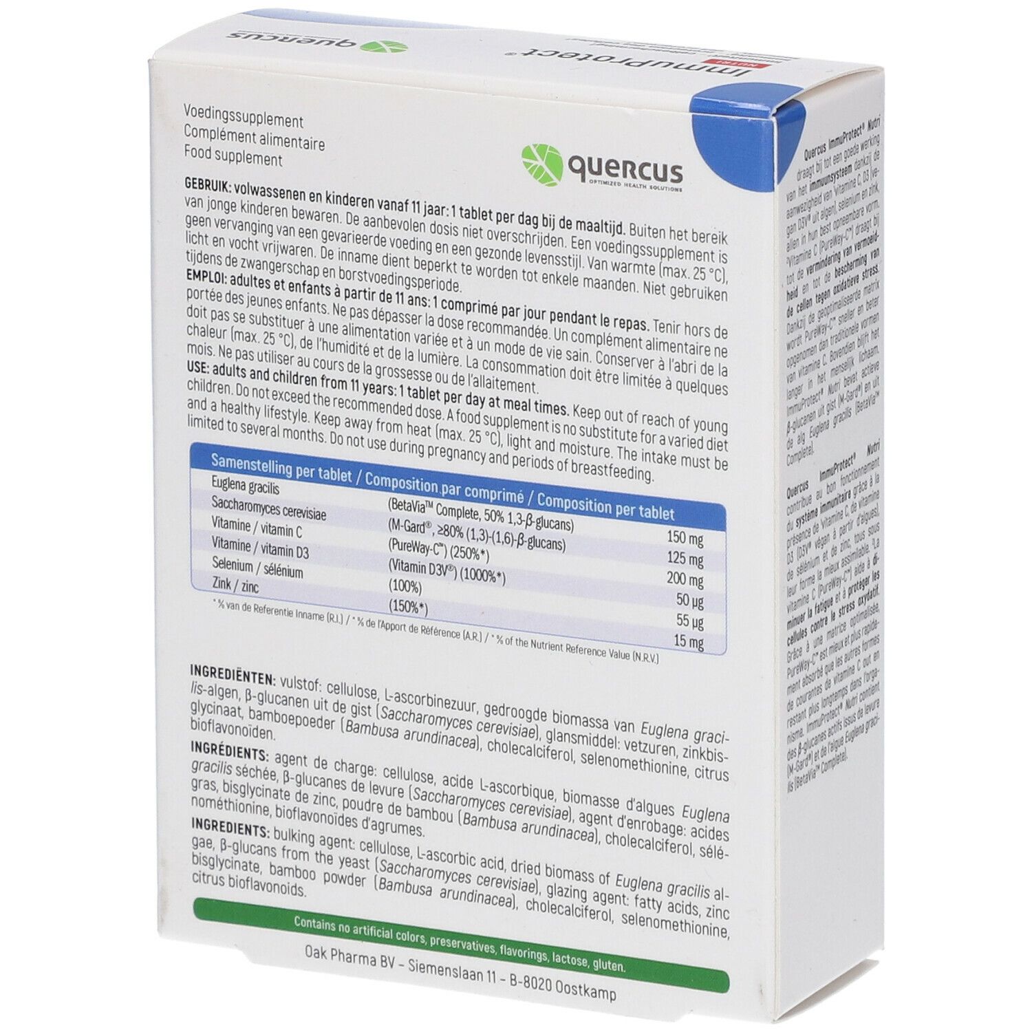 Dos de la boîte Quercus ImmuProtect Nutri. Contient des informations nutritionnelles et des ingrédients. Avec des informations sur la posologie et l'utilisation.