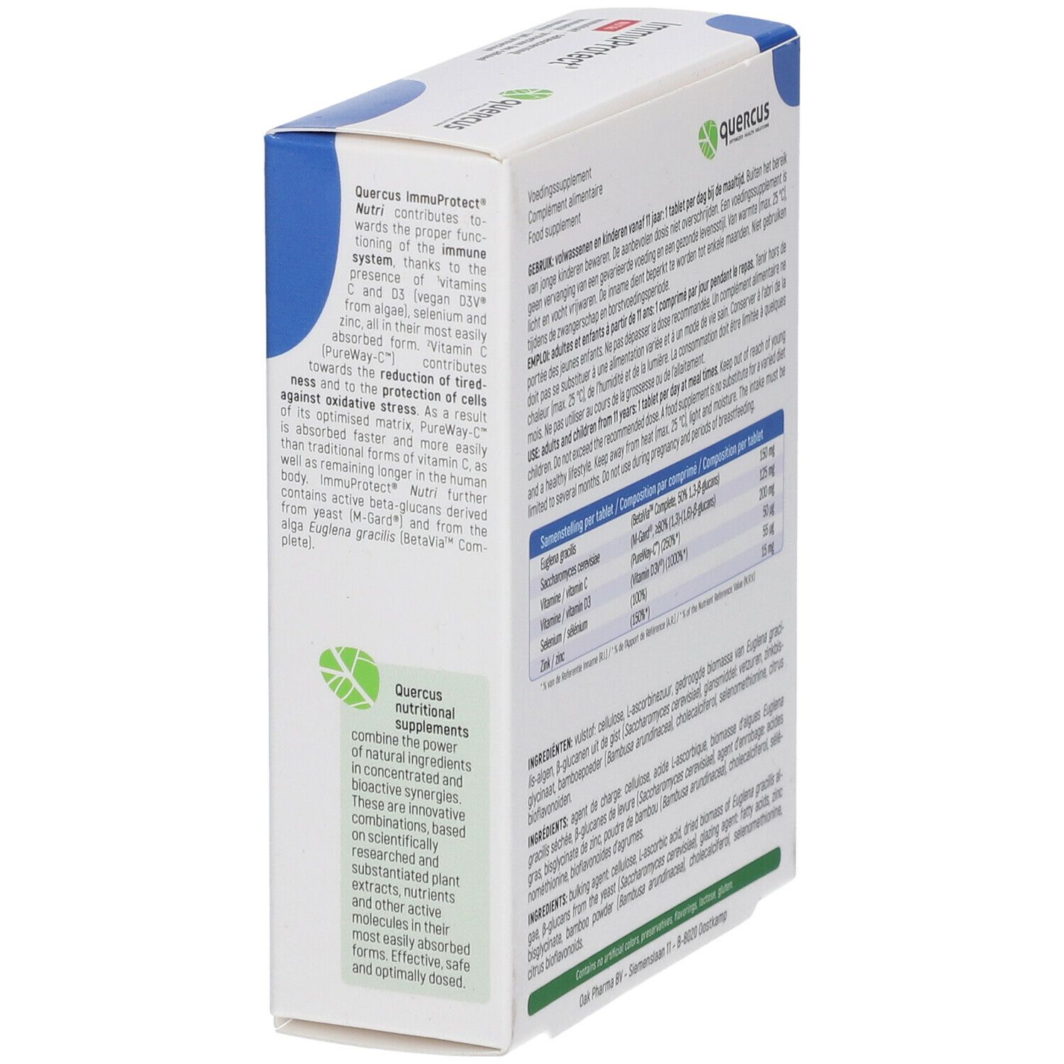 Boîte Quercus ImmuProtect Nutri, en biais. Contient des informations sur les ingrédients et les informations nutritionnelles. Avec des informations sur l'utilisation.