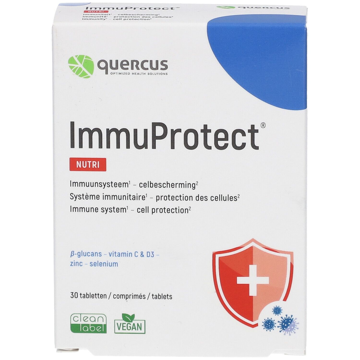 Boîte Quercus ImmuProtect Nutri. Contient 30 comprimés. Inscription : système immunitaire, protection cellulaire. Avec bêta-glucanes, Vit C & D3, zinc et sélénium.