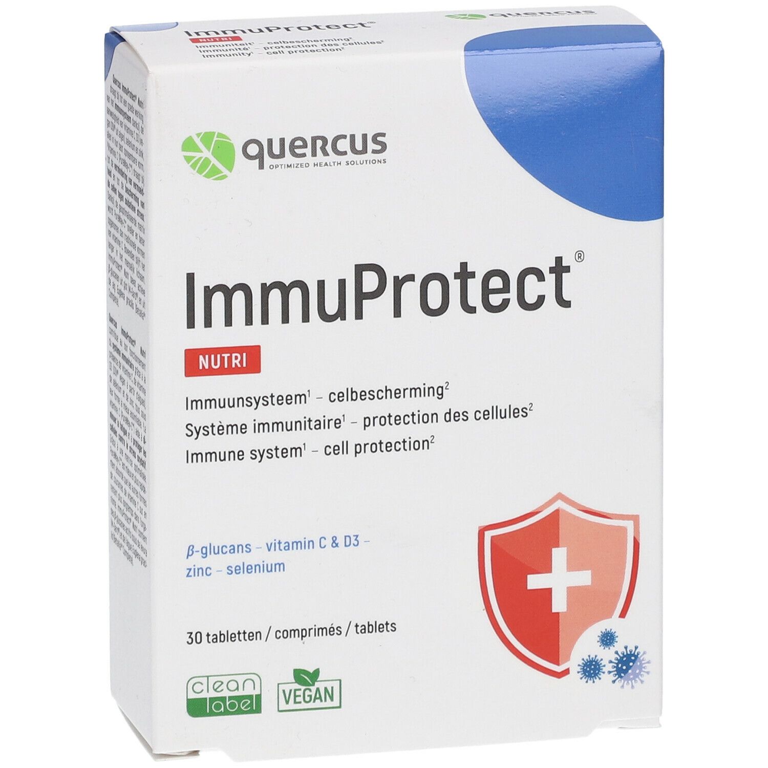 Boîte Quercus ImmuProtect Nutri. Contient 30 comprimés. Inscription : système immunitaire, protection cellulaire. Avec bêta-glucanes, Vit C & D3, zinc et sélénium.