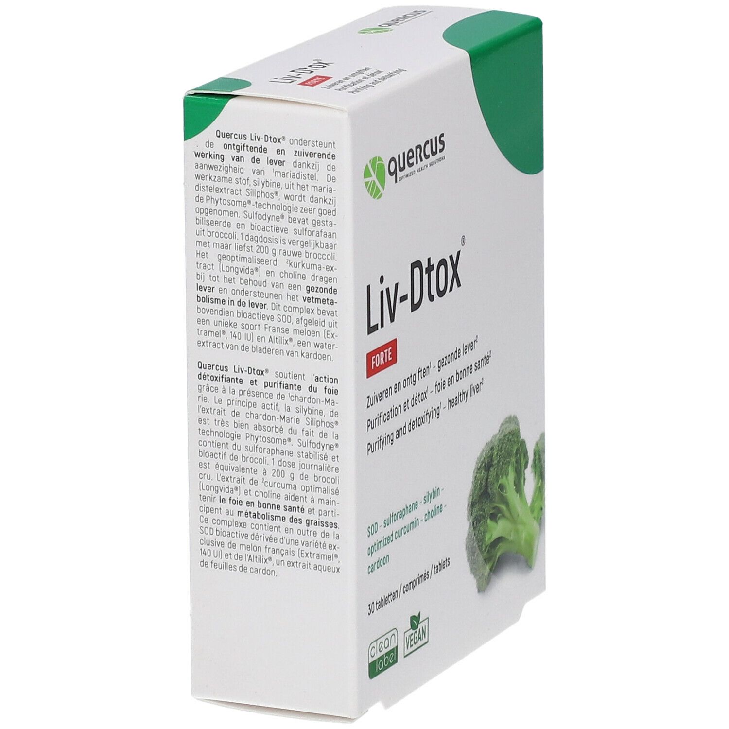 Quercus Liv-Dtox Forte verpakking, schuin. Tekst en broccoli-afbeelding. Vegan en Clean Label keurmerk.