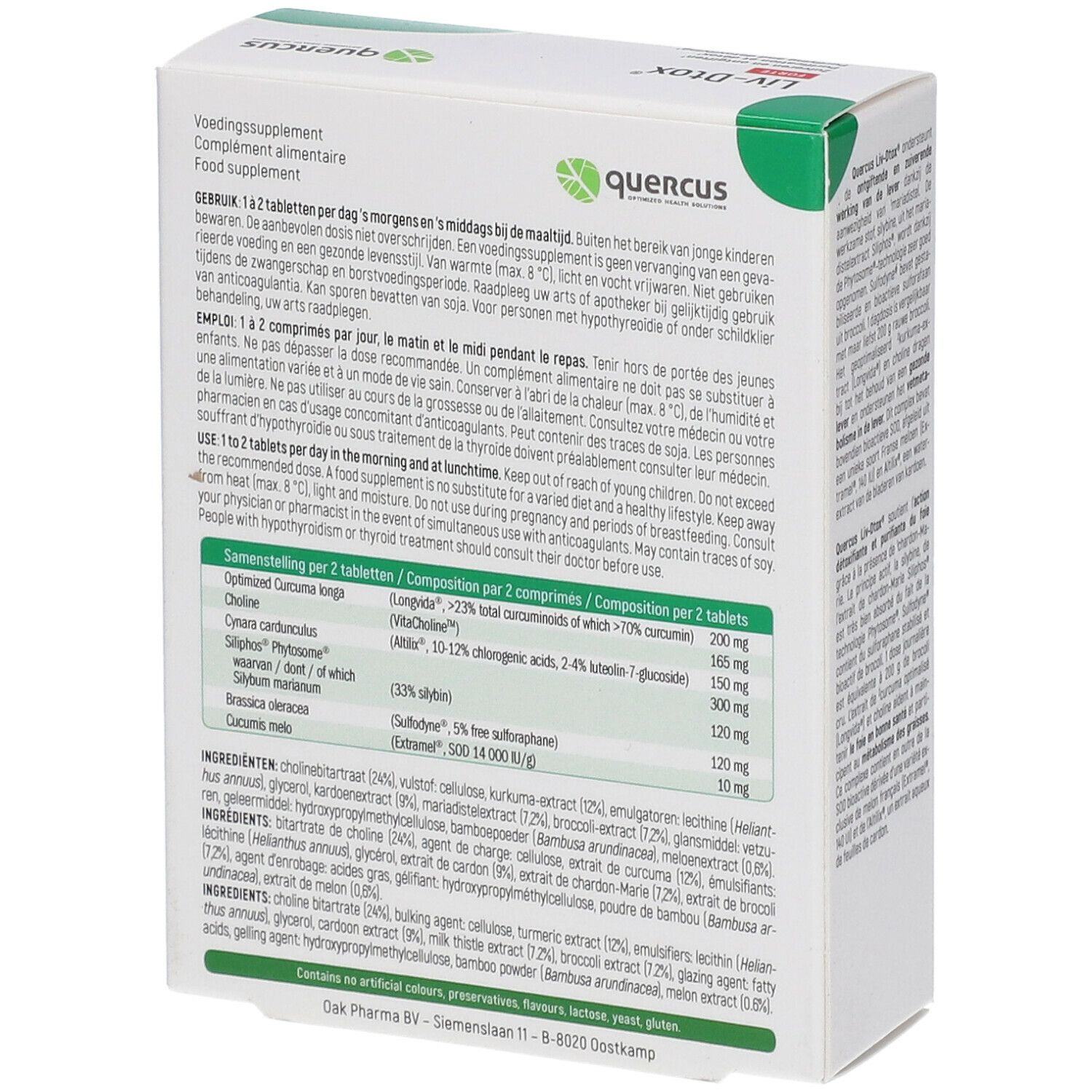 Achterkant van de Quercus Liv-Dtox Forte verpakking. Tekst met ingrediënten en dosering. Vegan keurmerk.