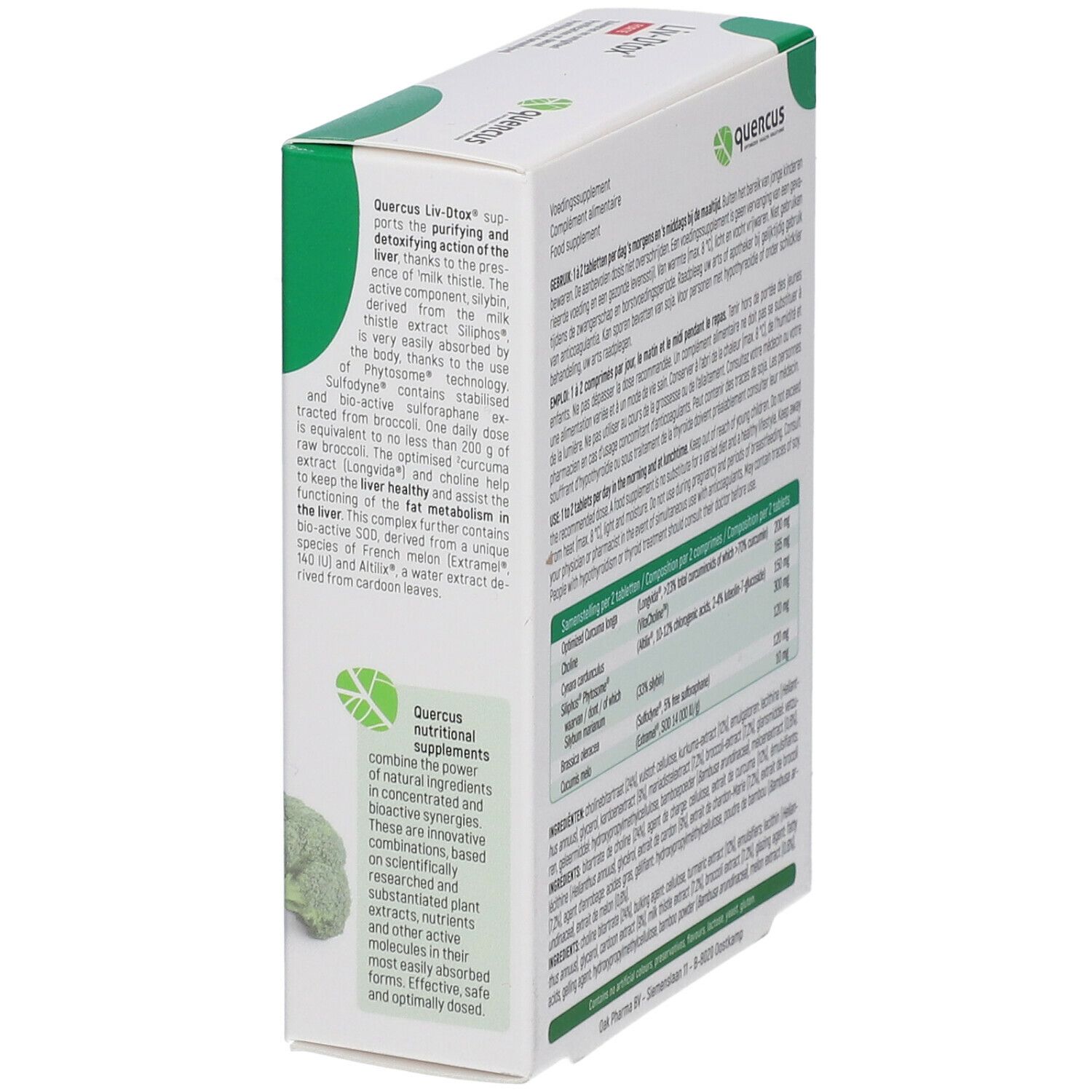 Zijkant van de Quercus Liv-Dtox Forte verpakking. Tekst met ingrediënten en informatie. Broccoli-afbeelding.
