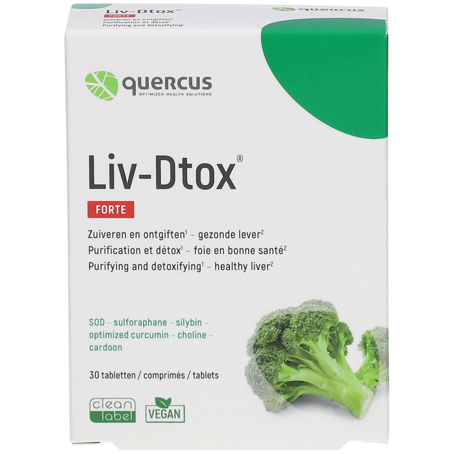 Quercus Liv-Dtox Forte verpakking. Bevat 30 tabletten. Met broccoli-afbeelding. Vegan en Clean Label keurmerk.
